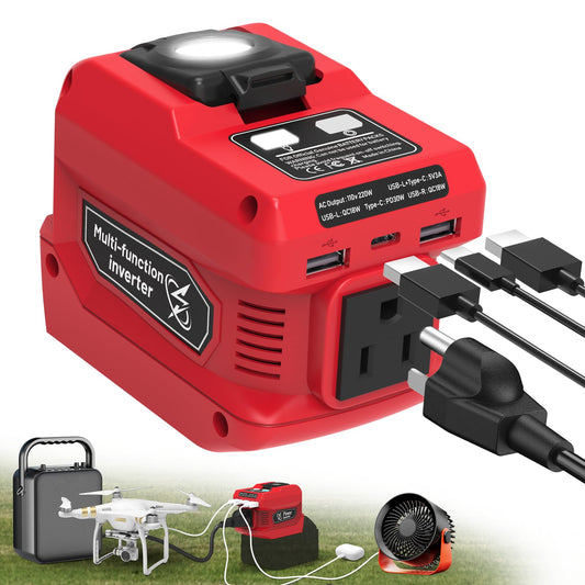 220W Power Inverter for Milwaukee 18V Battery, DC 18V to AC 110V Battery Inverter, Portable Power Station Generator with 1 AC Outlet, 2 USB Ports & 1 Type-C Fast Charging, 400LM LED Work Light
