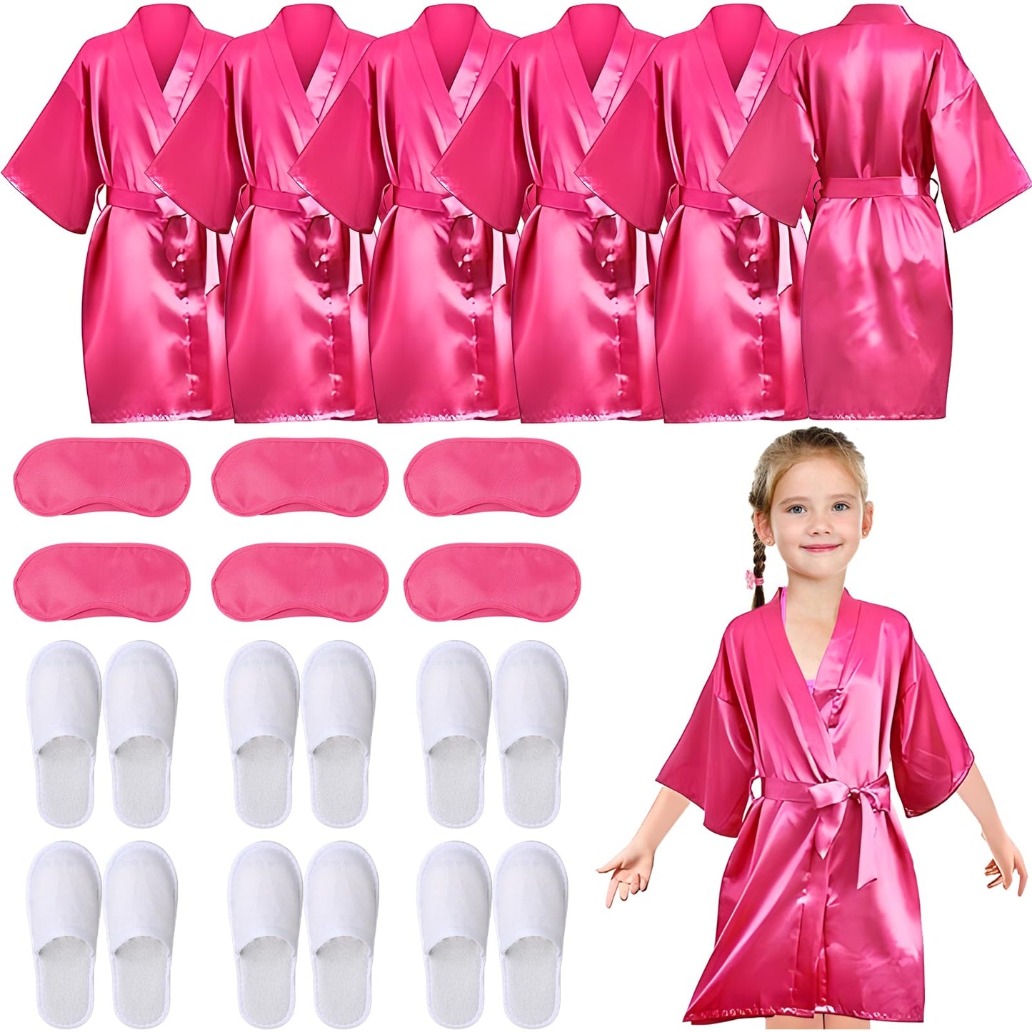 18 Pcs Spa Party Supplies for Girls 6 Satin Kimono Robe 6 Sleeping Eye Mask 6 Disposable Slippers for Flower Girl Kid Salon Pedicure Wedding Birthday Favors Washing Shower (Size 10, Rose Red)