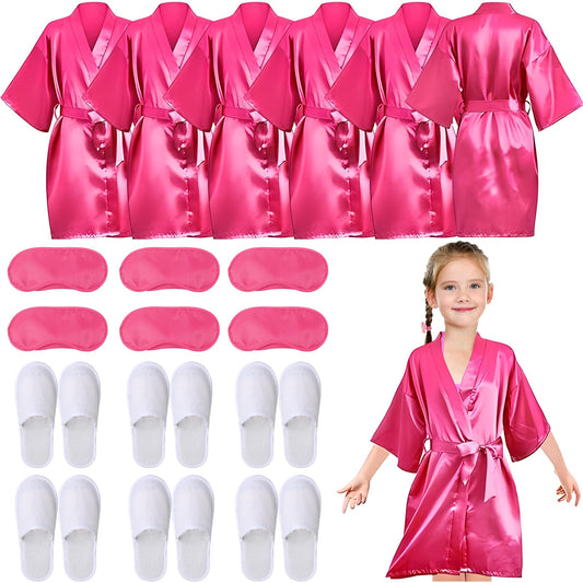 18 Pcs Spa Party Supplies for Girls 6 Satin Kimono Robe 6 Sleeping Eye Mask 6 Disposable Slippers for Flower Girl Kid Salon Pedicure Wedding Birthday Favors Washing Shower (Size 10, Rose Red)