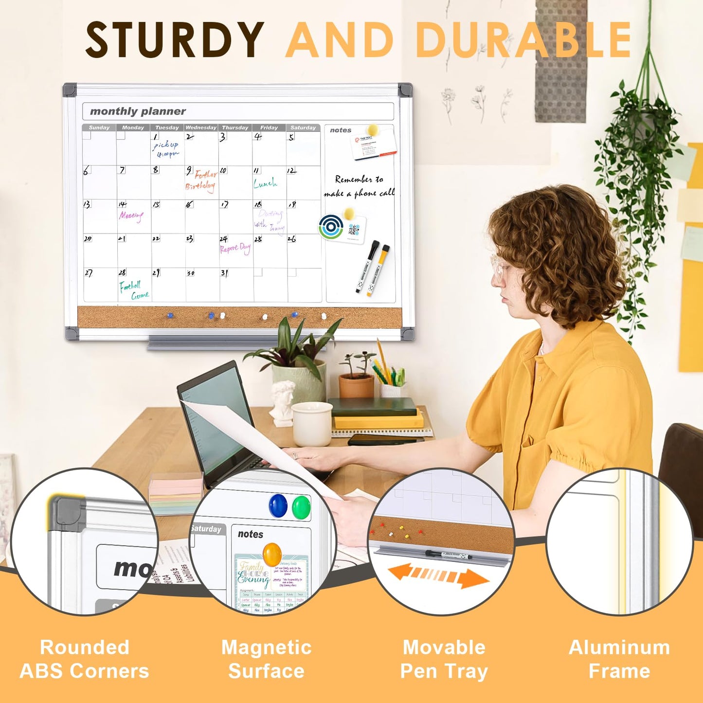 MAKELLO Monthly Dry Erase Calendar Whiteboard Cork Board Combo for Office, Classroom, Kitchen and Bedroom, 36x24 inch