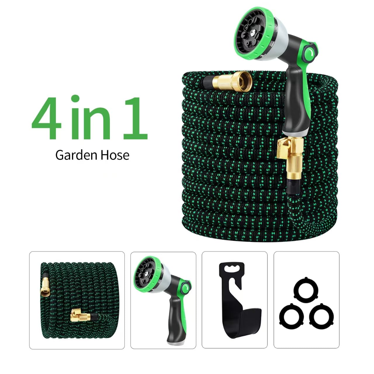 Expandable Garden Hose, Water Hose 100ft with 10 Function Nozzle, Flexible Hose with 3/4" Solid Brass Fittings, Extra Strength Fabric, Easy Storage Kink Free, Black & Green