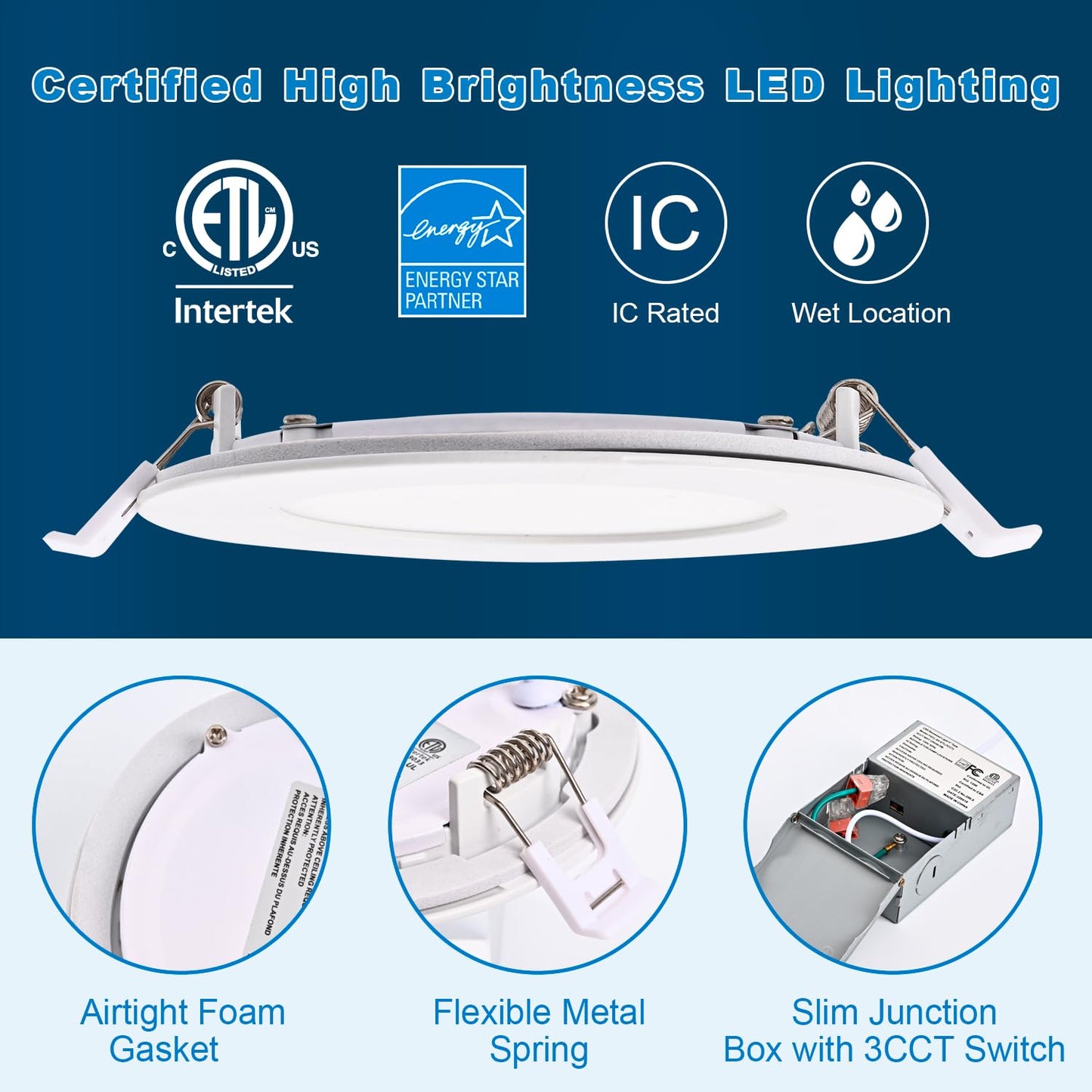 CSACCT LIGHT 4 Inch 3CCT 9W Ultra Thin LED Recessed Pot Lights, 3000K 4000K 5000K Selectable, 750LM Dimmable IC Rated for Shower, Kitchen, Living Room, 6 Pack