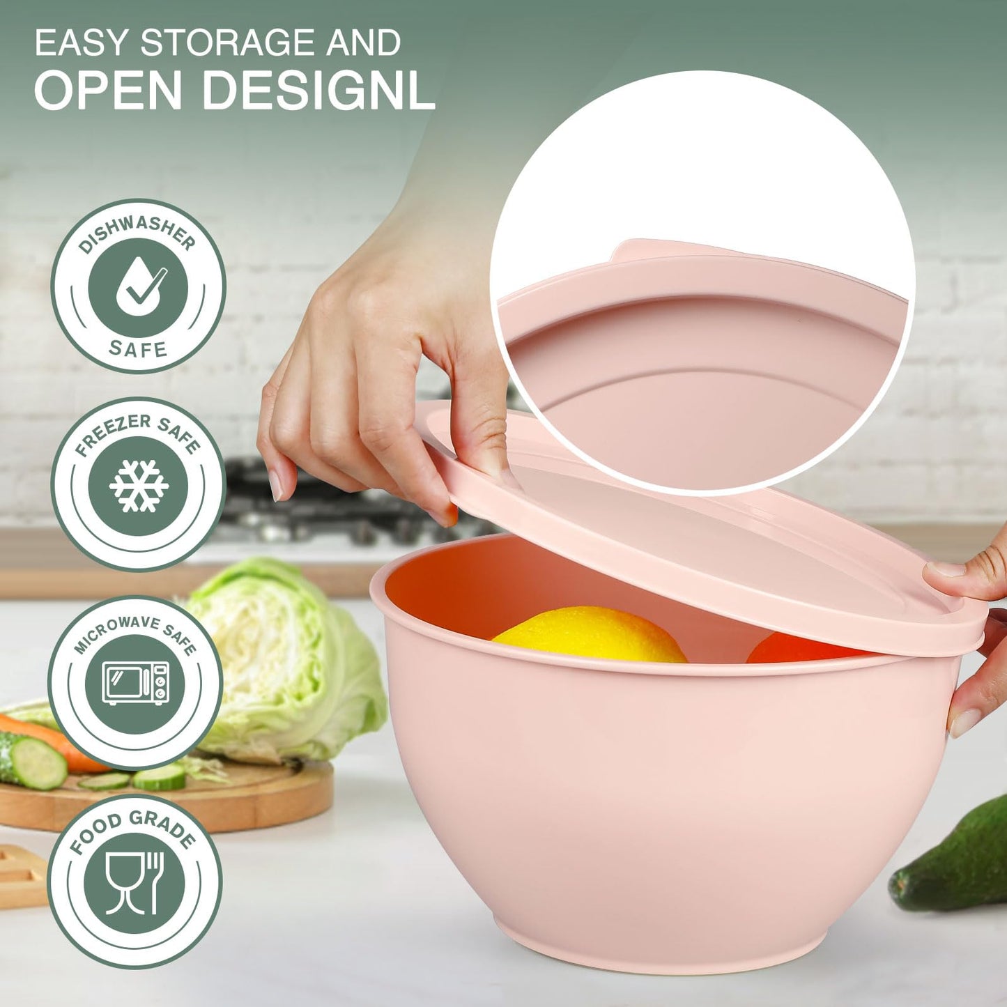 Greentainer Plastic Mixing Bowl Set with Lids for Kitchen, Nesting Storage Bowls for Baking, Prepping,Cooking and Serving Food, Dishwasher, Microwave Safe,Great for Mixing & Serving (5pcs Pink)