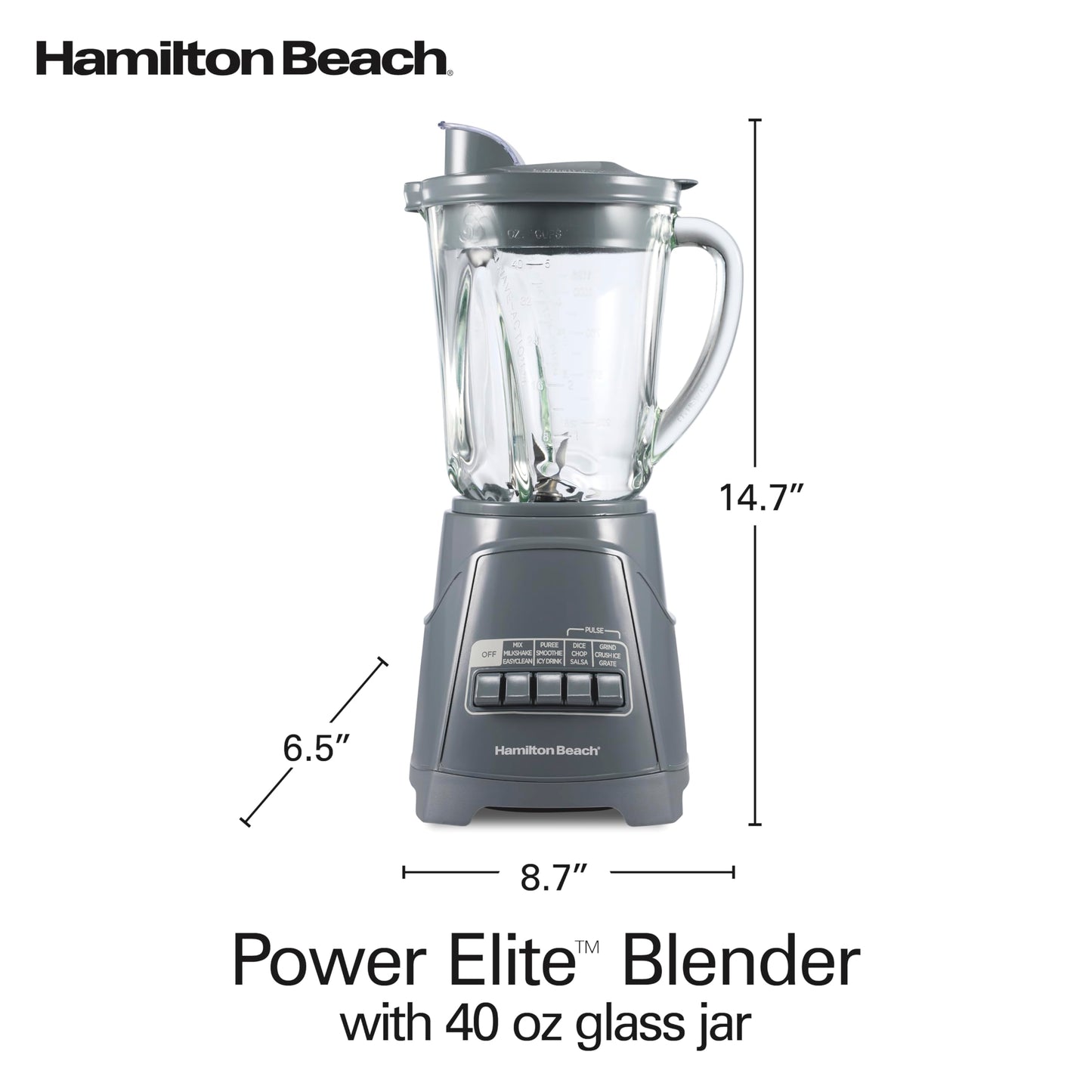 Hamilton Beach Power Elite Blender for Smoothies, Ice Crush & Puree, 700 Watts, 40 oz Glass Jar, 12 Functions, Wave~Action System, Slate Gray, 58153J