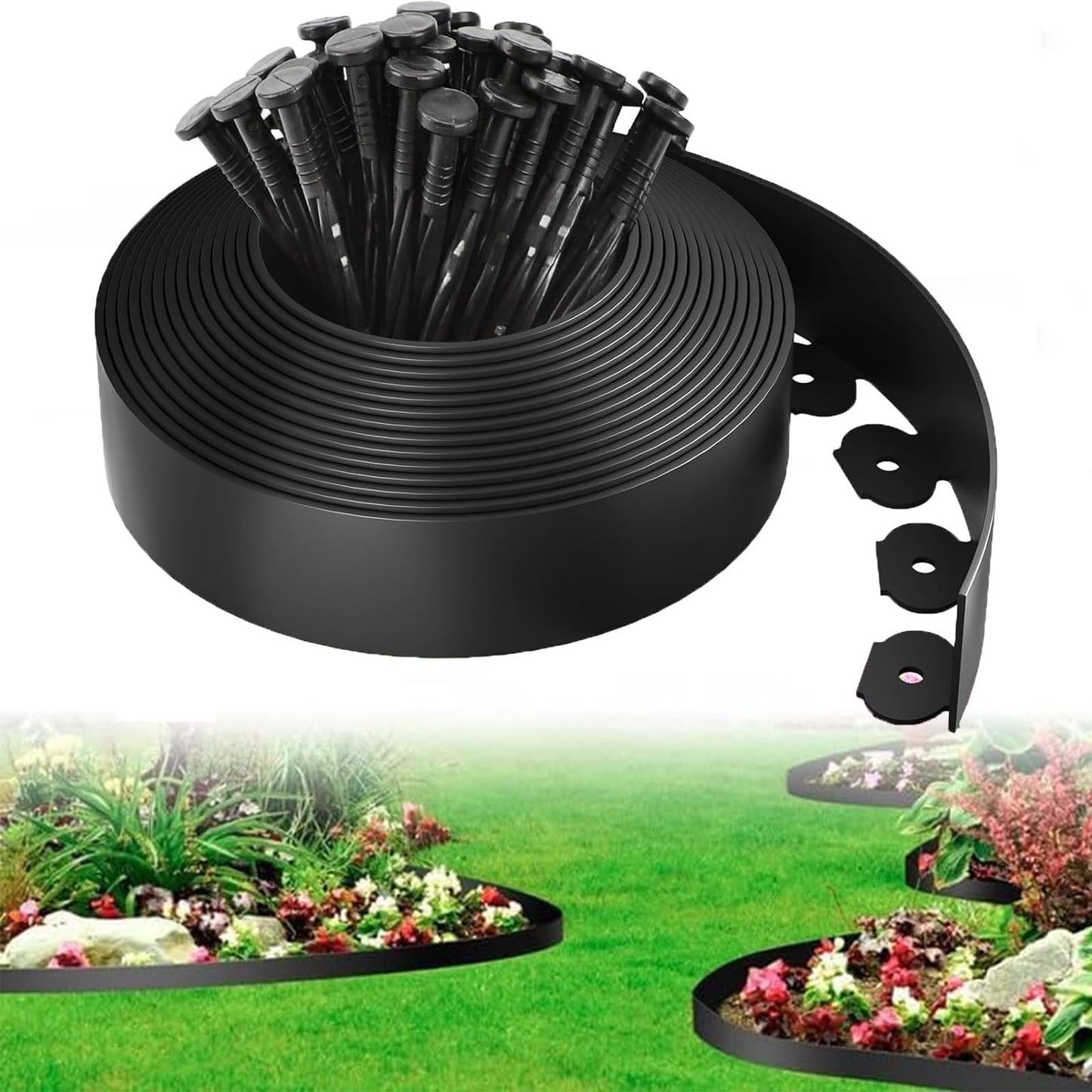 Extra Tall 4inX33ft Landscape Edging No-Dig Garden Edging Border with 30 Spikes, Flexible Lawn Edgings Roll, UV-Resistant Mini Fence Borders Pathway Edgings for Flower Beds Yard Paver