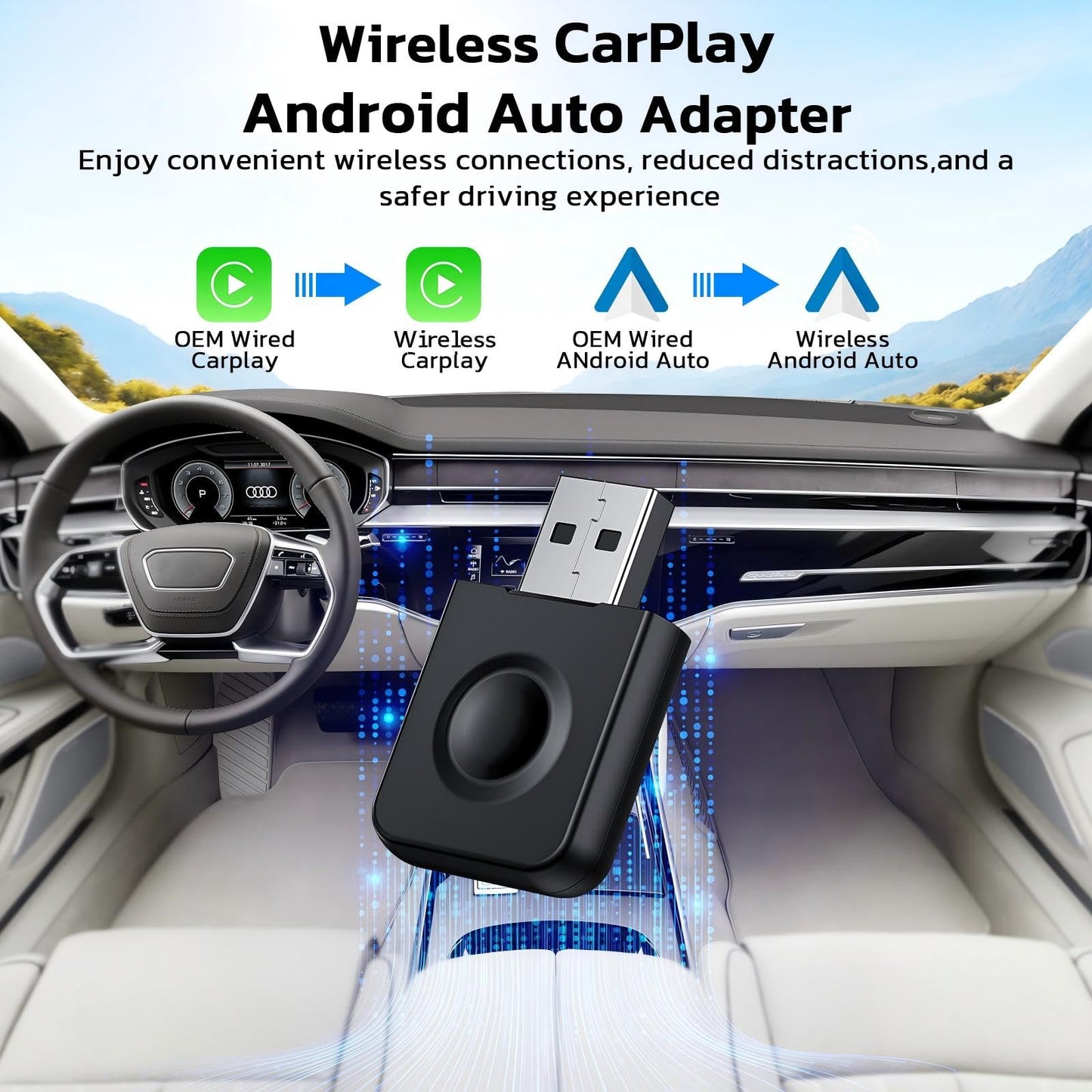 LAMTTO 2-in-1 Wireless CarPlay and Android Auto Adapter, Convert Wired to Wireless CarPlay Mini Adapter for OEM Wired Cars, USB Type C Plug and Play, OTA Support,Stable Car Control and No Delay