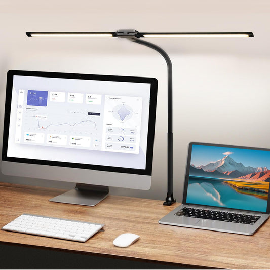 CNSUNWAY LED Desk lamp, Double Head Architect Desk Lamps for Home Office with Clamp, 3 Color 5 Brightness, Long Flexible Gooseneck, Eye Protection Desk Light with USB Adapter, Black