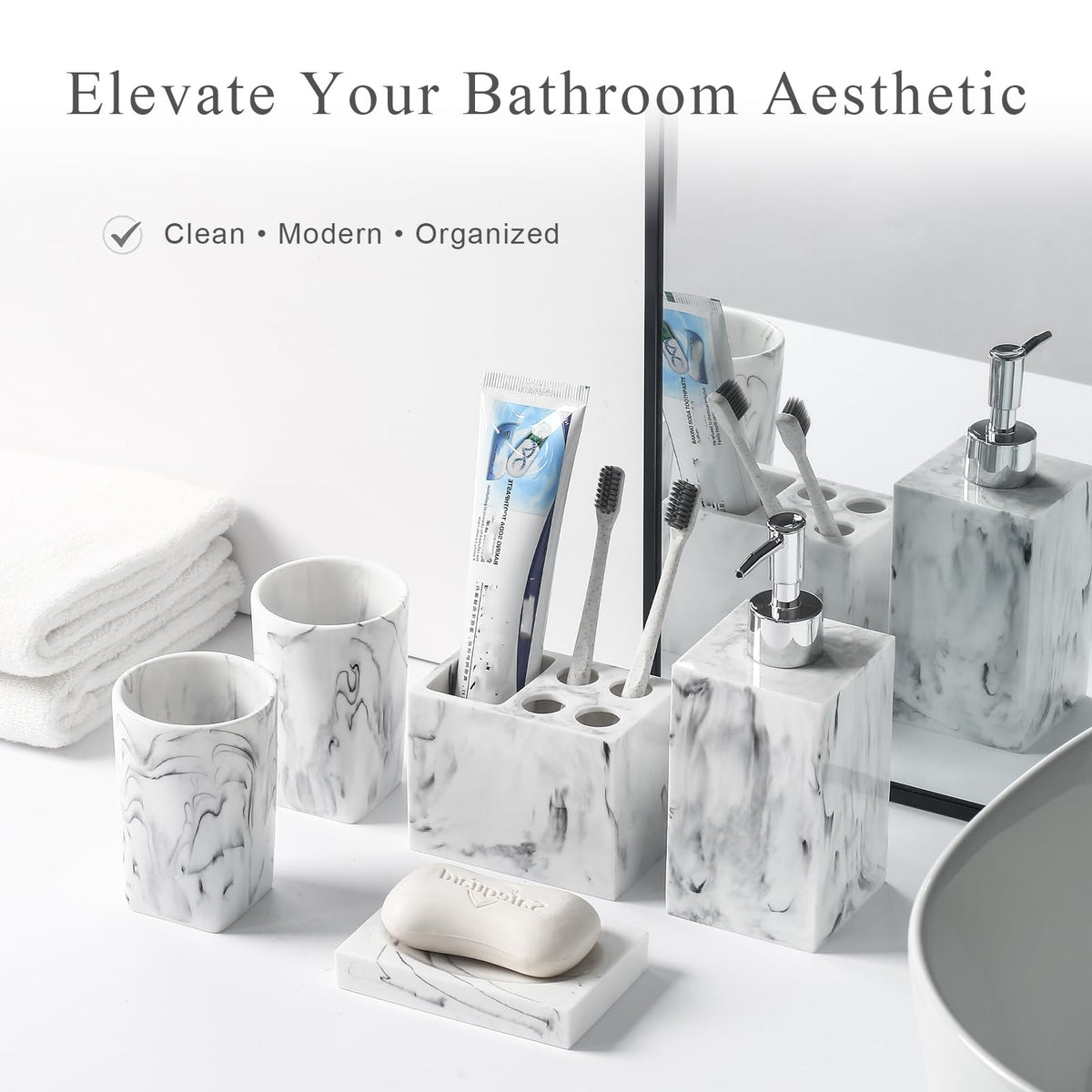 5 Piece Bathroom Accessories Set, Marble Resin Bathroom Vanity Set, Soap Dispenser, Toothbrush Holder, Soap Dish & 2 Tumblers, Bathroom Countertop Organizer Set (Ink White)