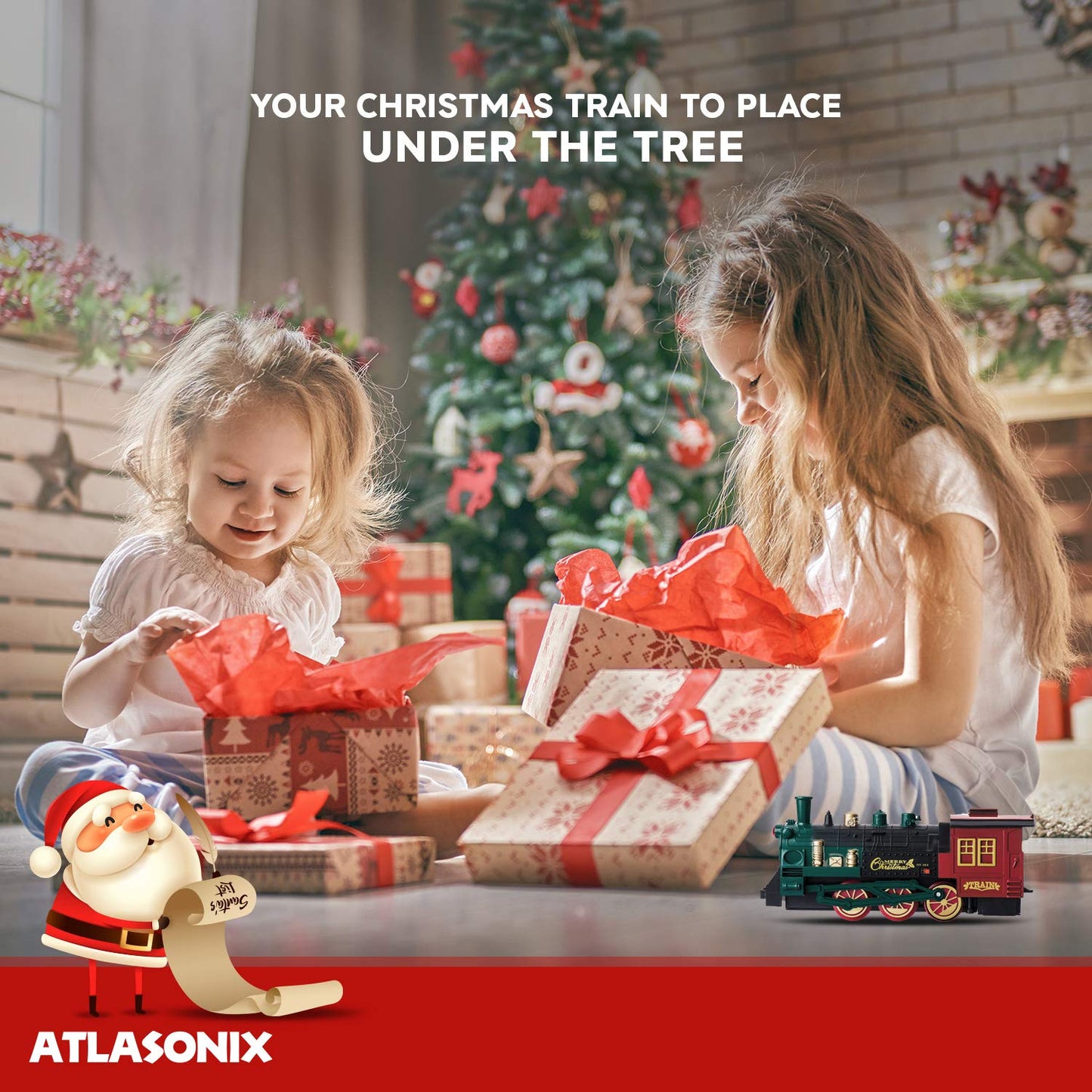 Christmas Train Set for Under The Tree with Lights, and Sounds - Holiday Train Around Christmas Tree w/Large Tracks | Electric Train Set with 160 Inches of Track and 2 Xmas Elves - Black