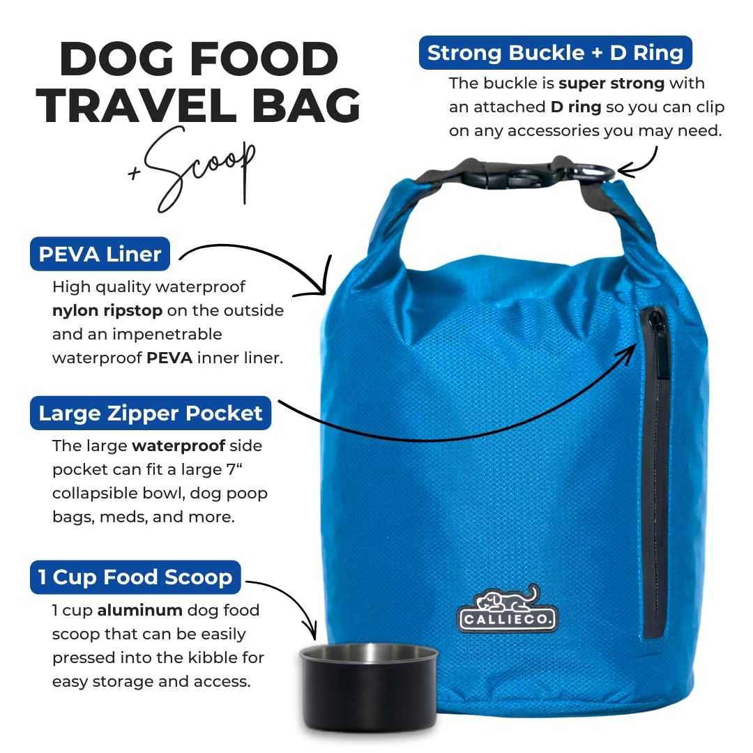 Callieco Dog Food Travel Bag w/ 1 Cup Scoop and Zipper Side Pocket | Waterproof Kibble Storage Container for Home, Road Trips, Camping, Boarding and More (Blue, 64 Cups)