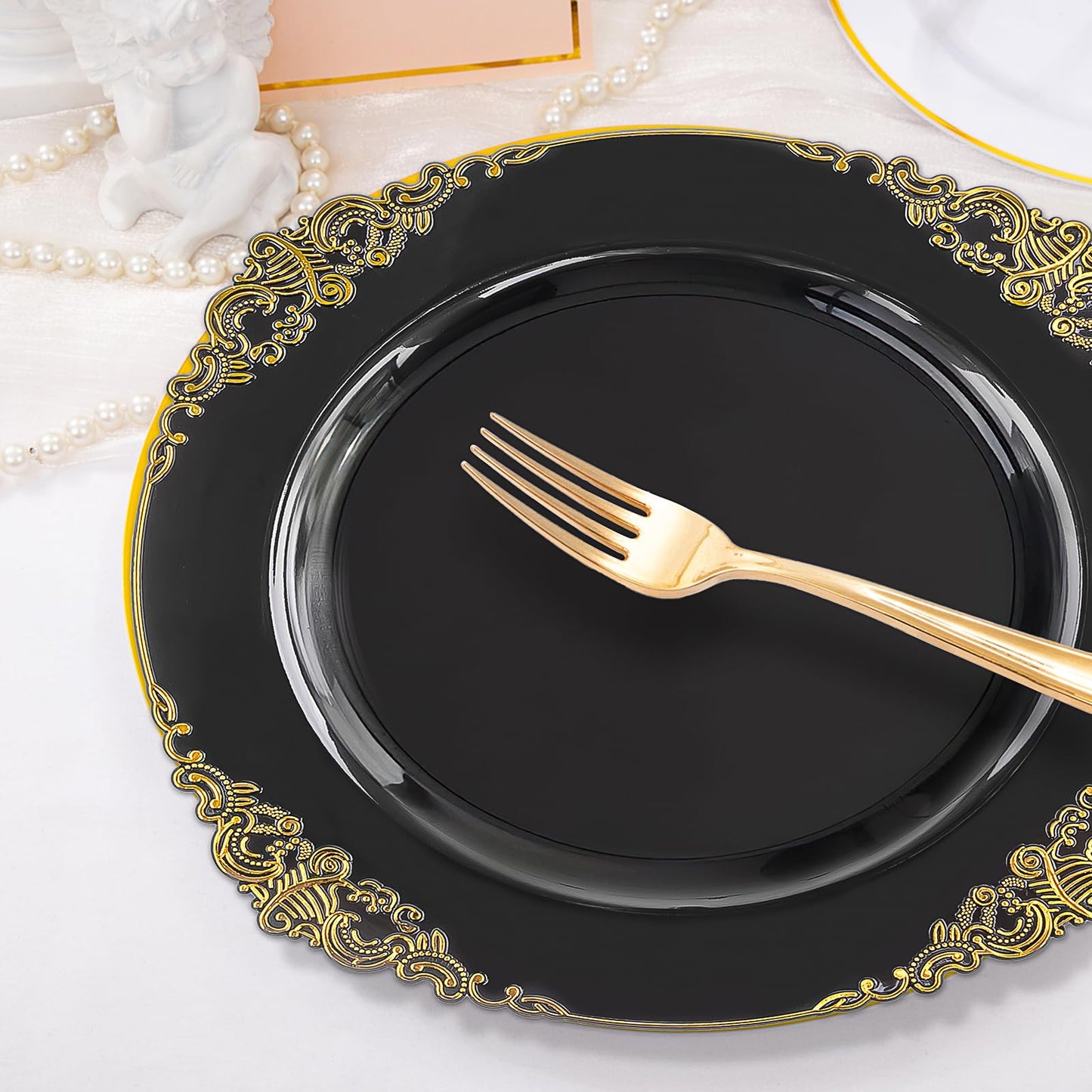 102pcs Black and Gold Plastic Plates, Disposable Party Plate Bulk, Include 51pcs 7.5inch Small Dessert Plates, 10.25inch Large Dinner Plates for Wedding Birthday Christmas Halloween Buffet Parties
