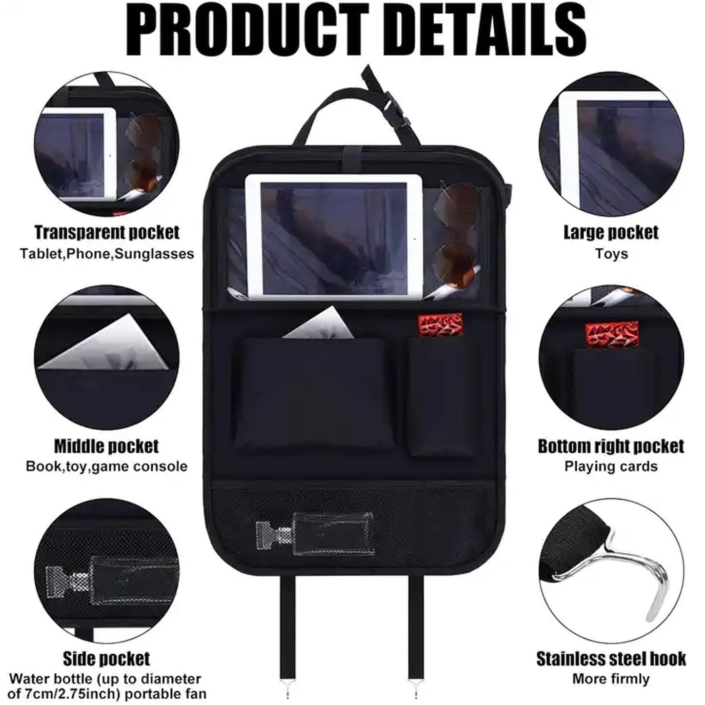 Meirenda 2 Pack Car Backseat Organizer with Foldable Food Tray, Multi-Pocket Multifunctional Hanging Car Storage Organizer Bag with Tablet Holder, Kids Car Kick Mats Seat Back Protector for Travel