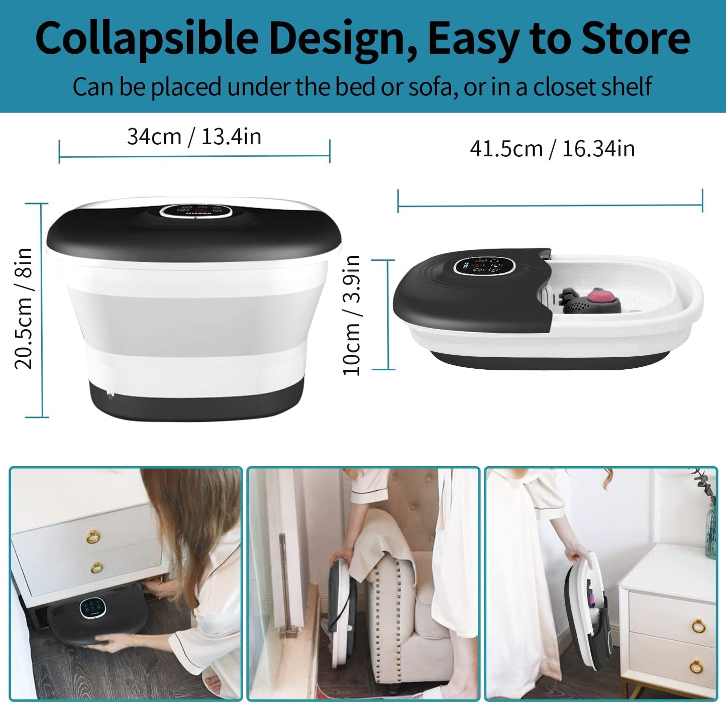 Collapsible Foot Spa Bath with Heat, Remote Control, Temperature Control, Bubbles, Pumice Stone, Red Light, Timer, 16 Massage Roller Pedicure Foot Spa Tub Foot Soaker for Soothe & Relax Tired Feet