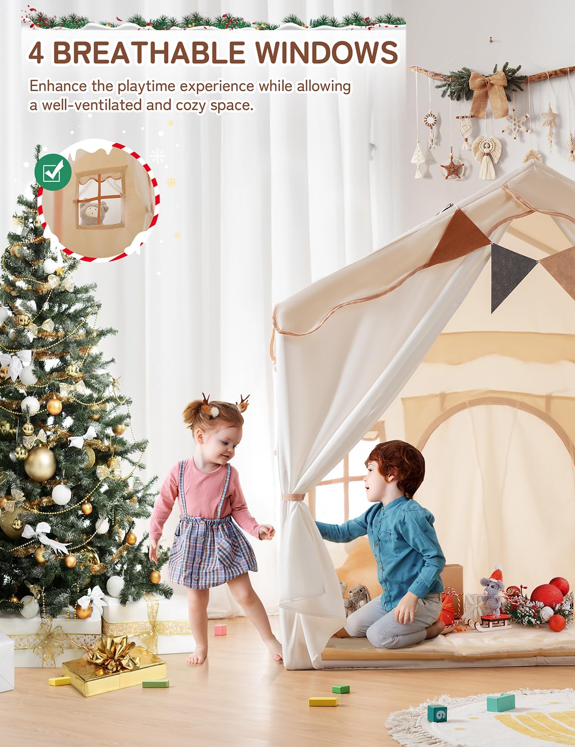 besrey Kids Tent, 2 in 1 Play Tents with Padded Mat and Lights, Large Playhouse for Kids with 2 Doors & 4 Windows, Kids Play Tent House Indoor & Outdoor, Toddler Tent for Girls Boys