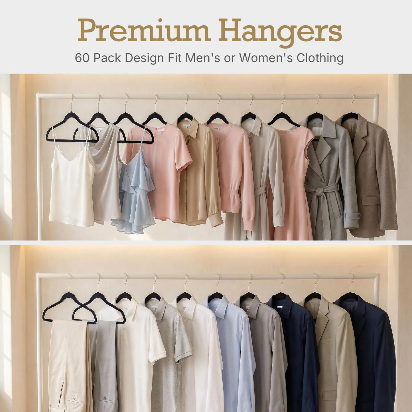 HOUSE DAY Black Velvet Hangers 60 Pack, Felt Hangers Space Saving Clothes Hanger, Non Slip Hangers Coat Hanger with 360 Degree Rotatable Hook, Durable & Thin Hangers for Closet
