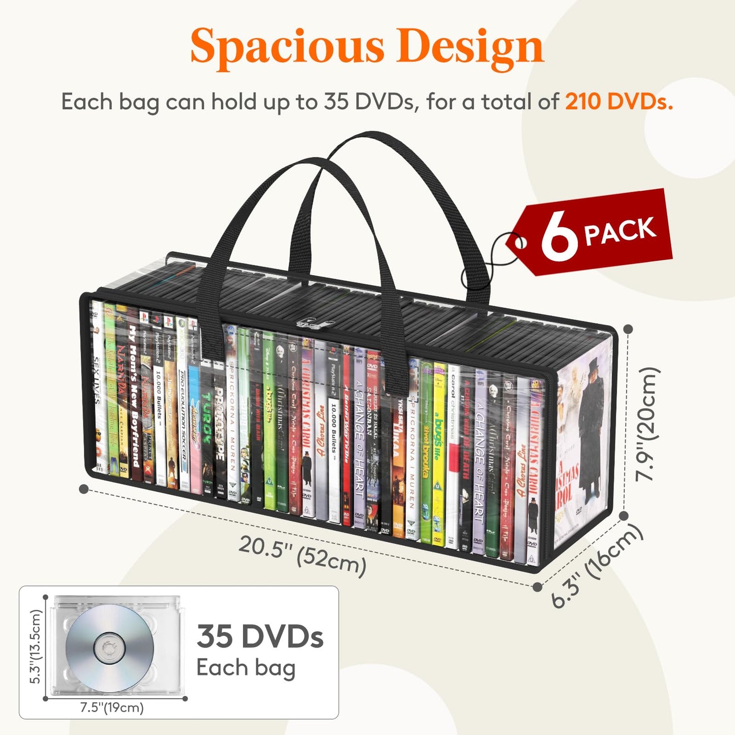Lifewit DVD Storage Bags, Clear PVC DVD Case Holder with Handles, Front Window Zipper Design, Stackable Media Organizer for Blu Ray Disc, Movie Cases, VHS Box, Hold 210 Pcs DVDs (35 Each), 6 Pack