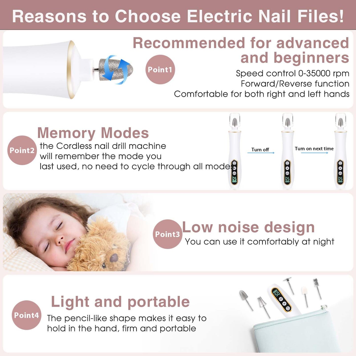 Professional Manicure Pedicure Kit, Cordless Electric Nail Drill with 360° LED light&10 Speeds, Rechargeable Pedicure Tools for feet, Hand Foot Care Nail Drill for Thick Nail Toenail Cuticle Women Men