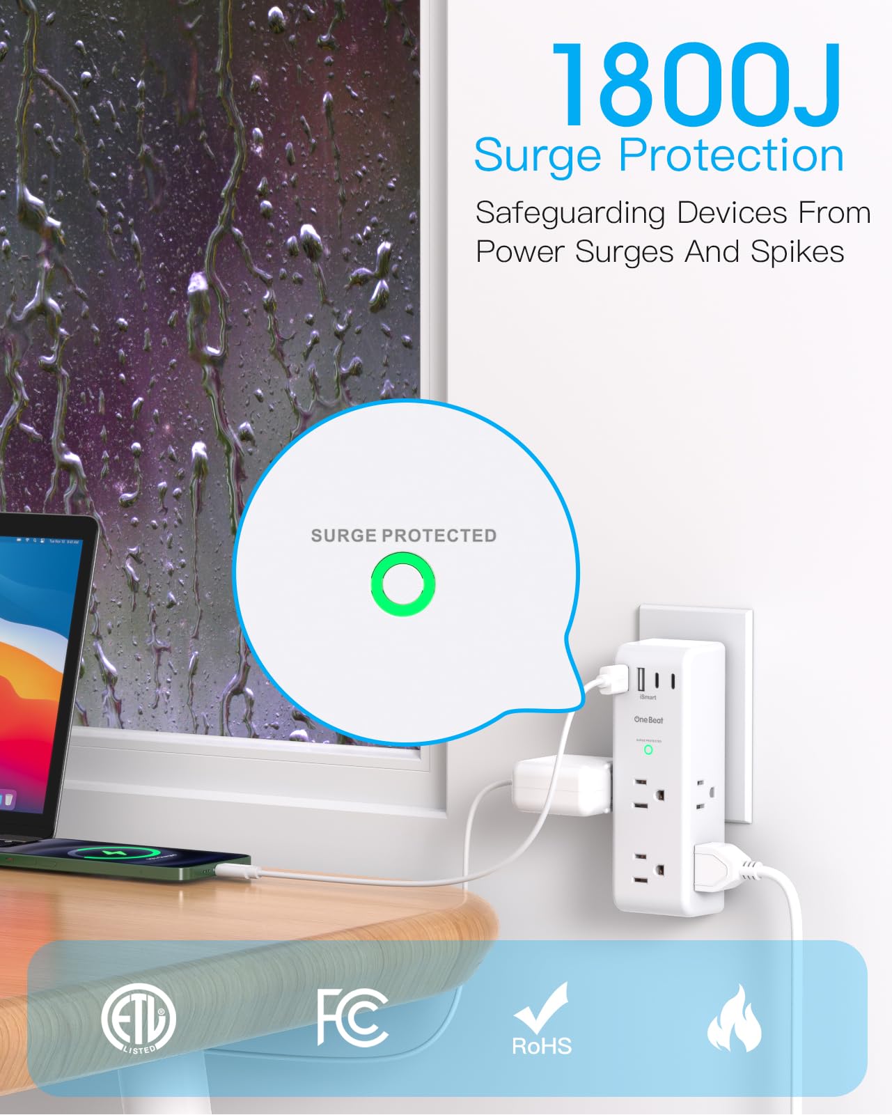2 Pack Surge Protector Outlet Extender with Rotating Plug, 6 AC Multi Plug with 3 USB Ports (1 USB C), 1800 J, 3-Sided Swivel Power Strip with Spaced Splitter for Dorm Office, White