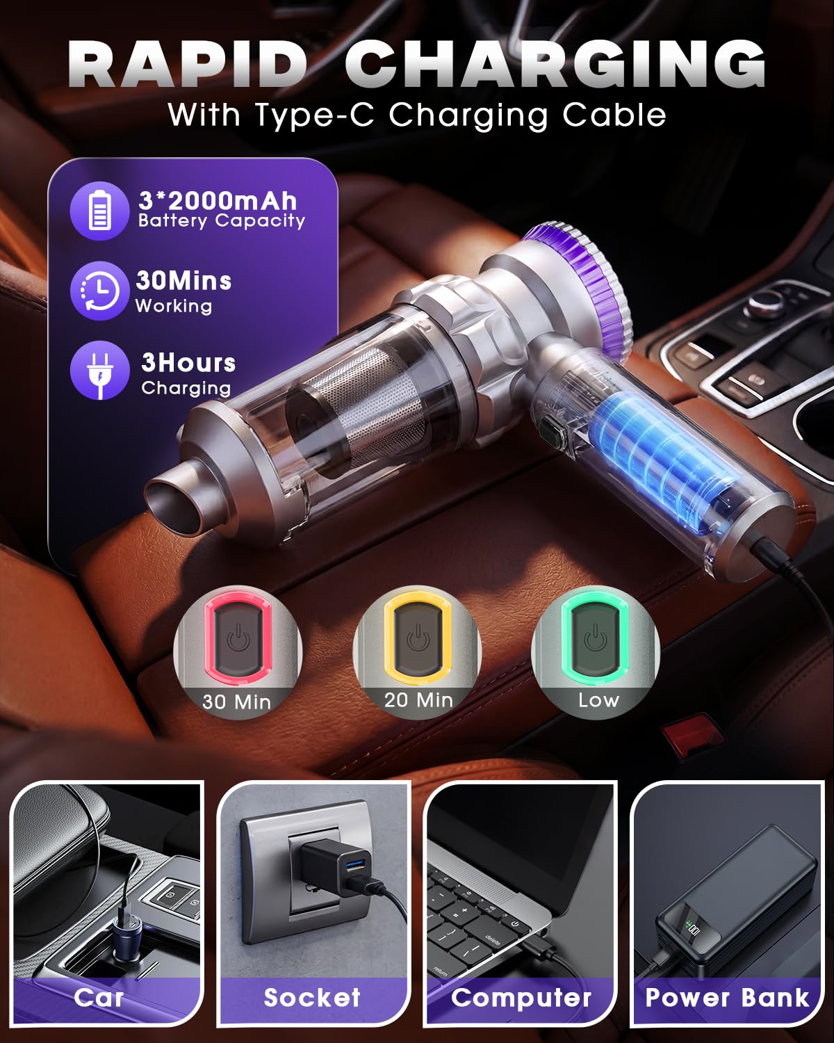 Handheld Car Vacuum Cleaner Portable Cordless Powerful 28000PA Strong Suction 4 in 1 Mini Rechargeable Lightweight Hand Held Car Vacuum with Brushless motor for Cars Home Pet Gift for women men Purple