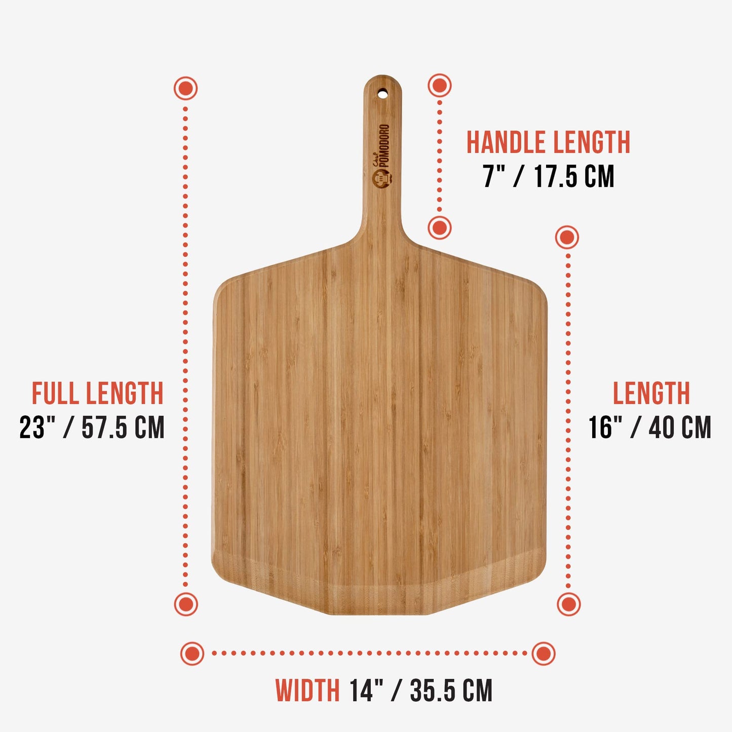 Chef Pomodoro Wooden Pizza Peel 14 inch, Homemade Wood Paddle, Board with with Handle, Indoor and Outdoor Oven Accessories, Spatula Gourmet Prep Shovel for Launching and Serving Pies and Bread