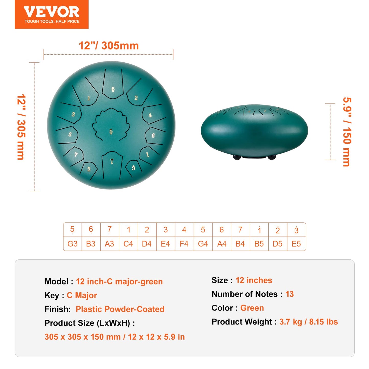 VEVOR Steel Tongue Drum, Steel Drum for Outside Garden, C Major Key, Tank Drum with 2 Mallets & Carry Bag, Hand Pan Drum Percussion Instrument for Musical Education Yoga (Green, 12 in & 13 Notes)