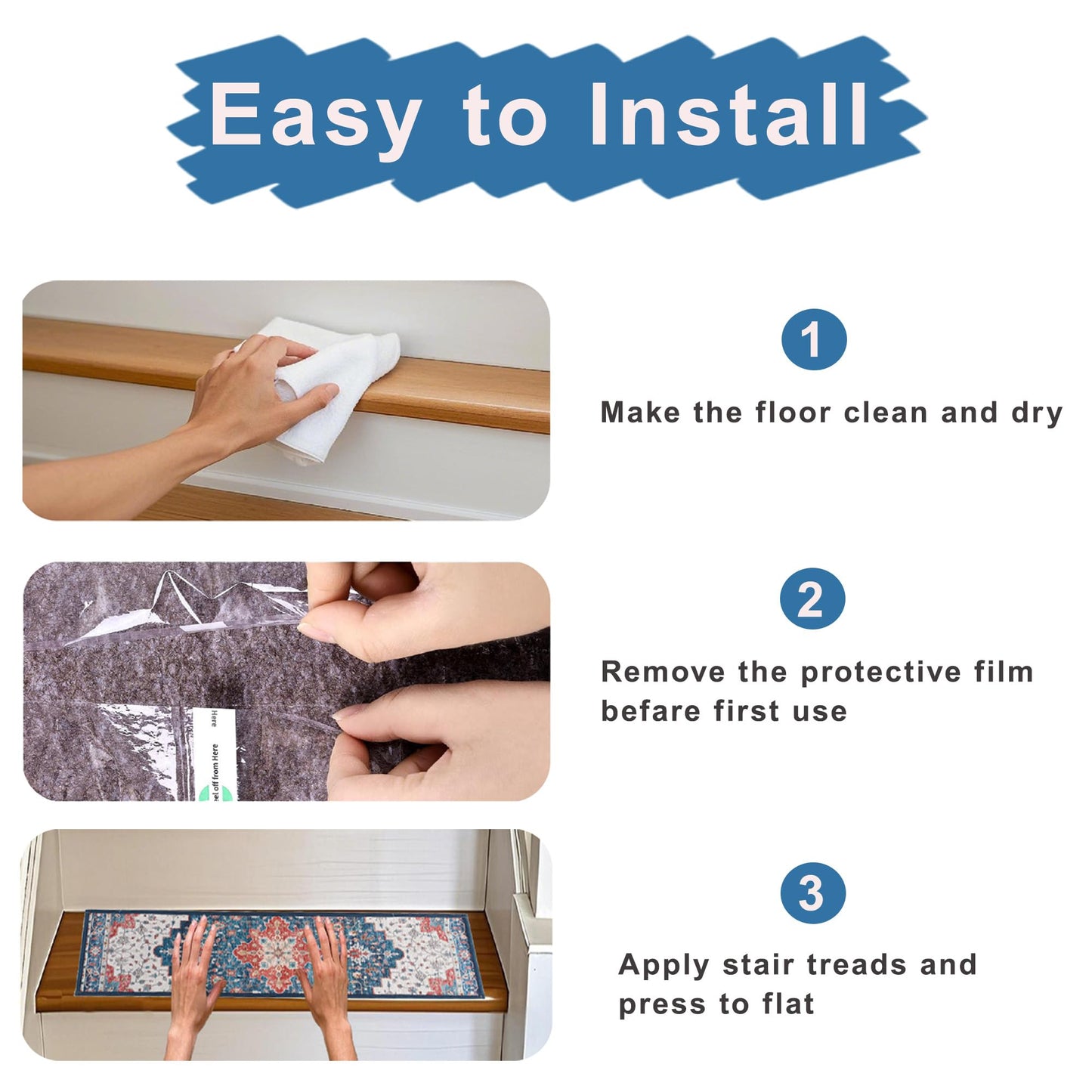 Stair Treads Non Slip Indoor,Peel and Stick Stair Treads,Non Skid Carpet for Wooden Steps,Machine Washable Stair Runner for Kids Elders & Pets with Reusable Adhesive,8" X 30" (15 in Pack),Blue