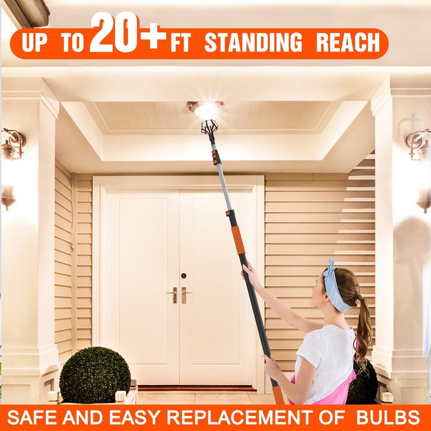 LAANPOLE Light Bulb Changer for High Ceilings 26FT Reach, Light Bulb Changer 5-20FT with Basket and Suction Cup for Recessed Lights High Ceiling