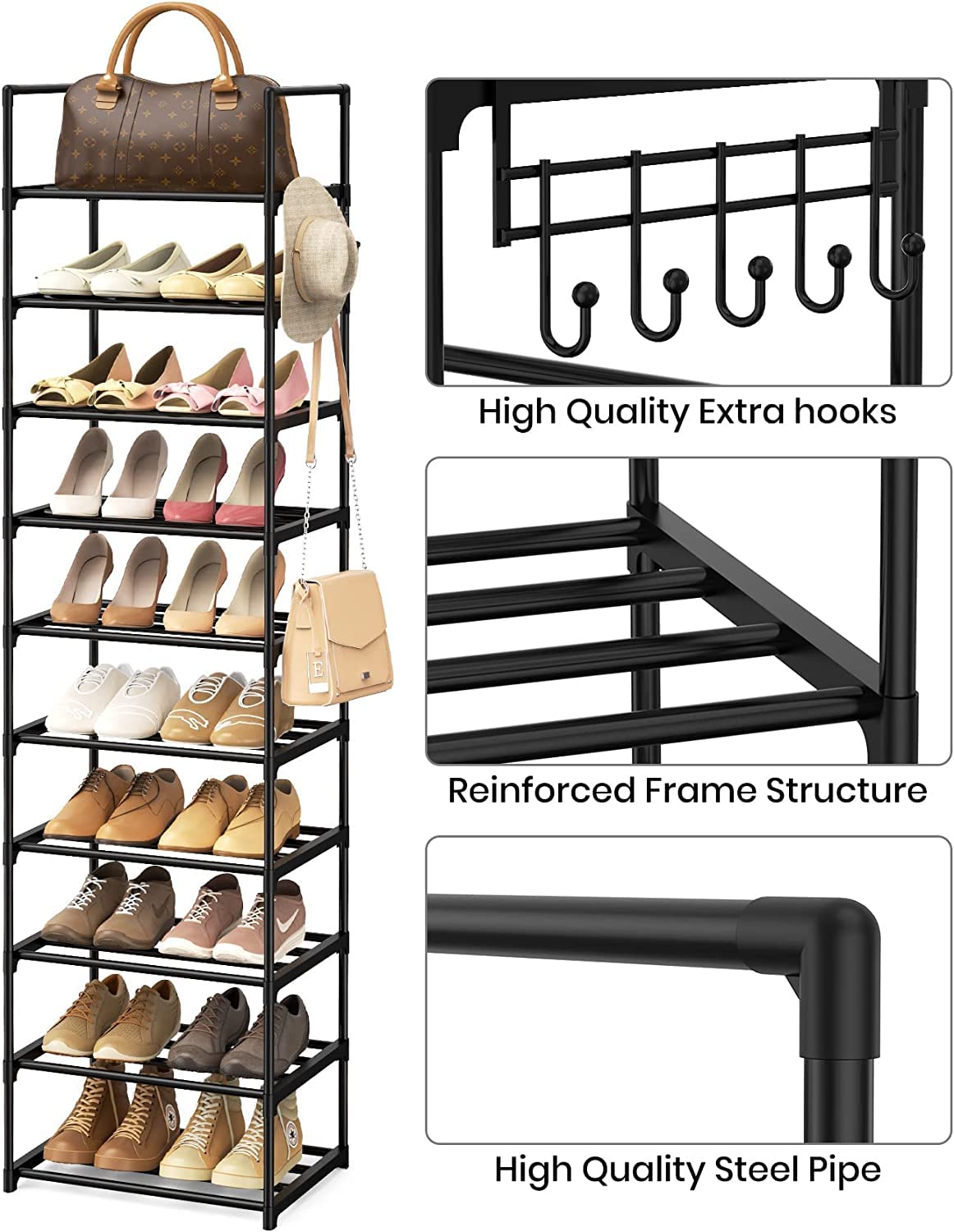 VTRIN 10 Tiers Narrow Shoe Rack 20-25 Pairs Shoe and Boots Organizer Storage Sturdy Shoe Shelf, Metal Shoe Rack for Entryway, Bedroom, 17 x 12 x 79 Inches, Black Vertical Stackable with 5 Hooks