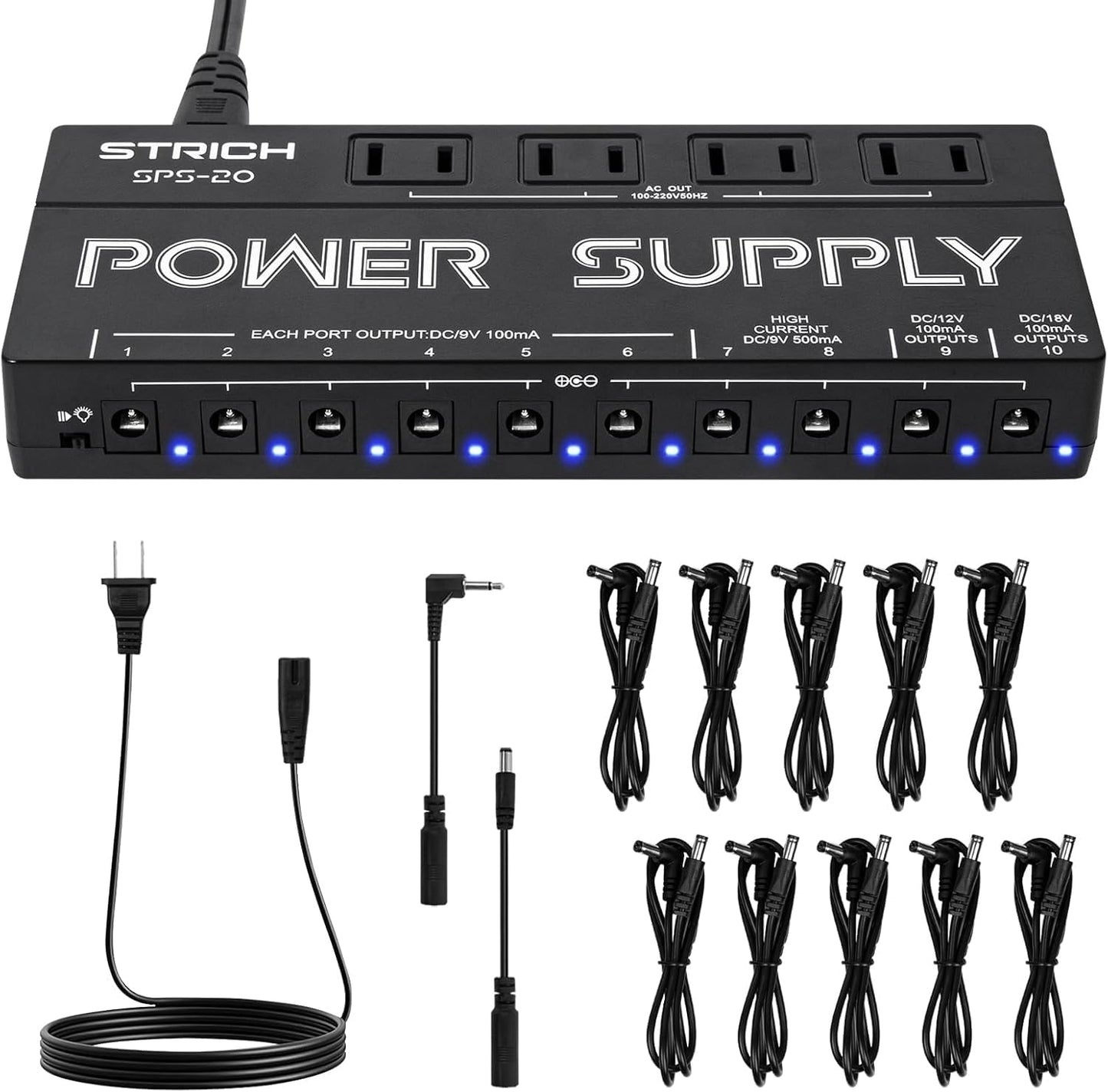 STRICH SPS-20 Guitar Pedal Power Supply, 10 Independent DC Output for 9V/12V/18V Guitar Bass Effect Pedals, 100mA 500mA Pedalboard Power Supply with Short Circuit Protection