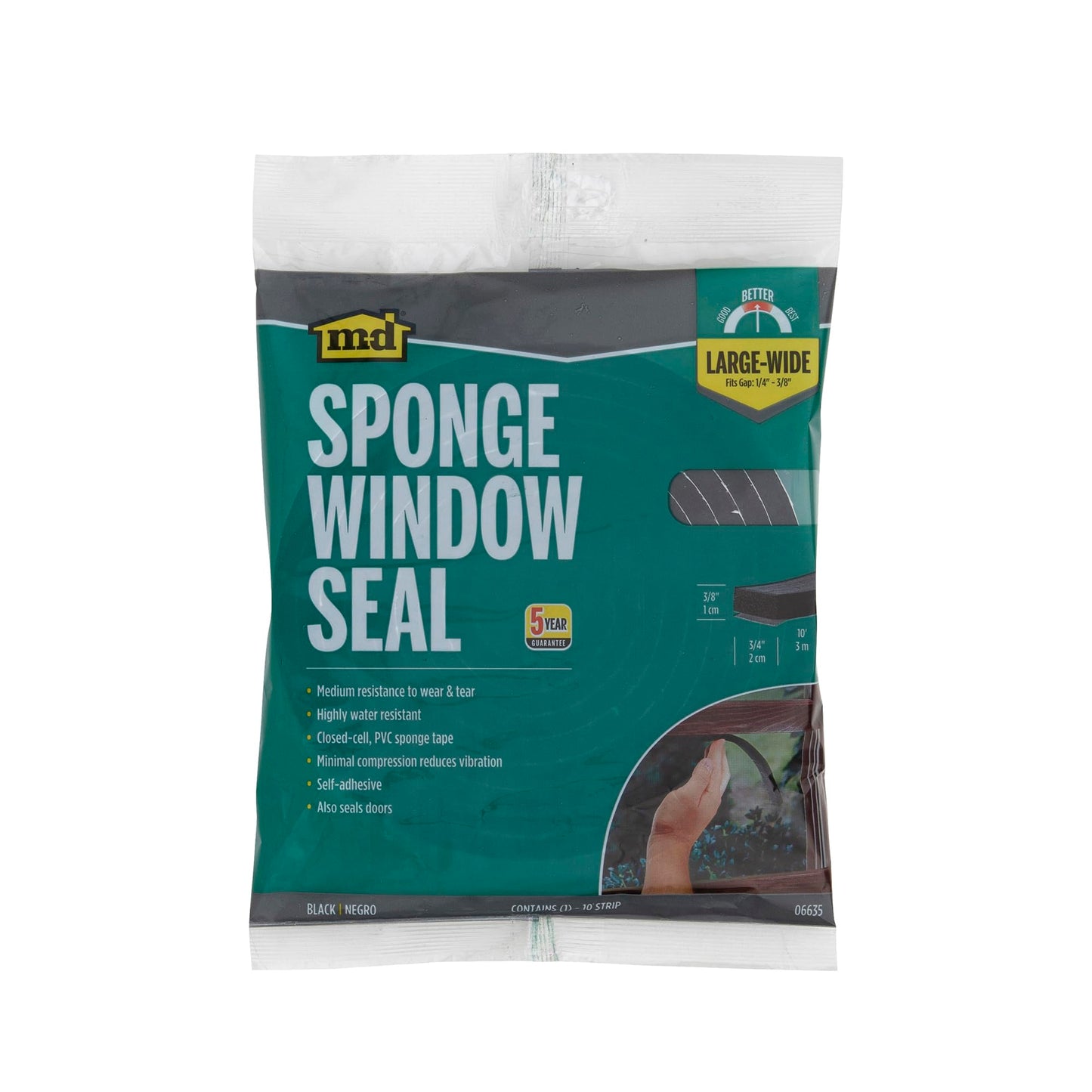 M-D Building Products 6635 Sponge Rubber Tape, 3/8-Inch by 3/4-Inch by 10 Feet, Closed Cell, Black