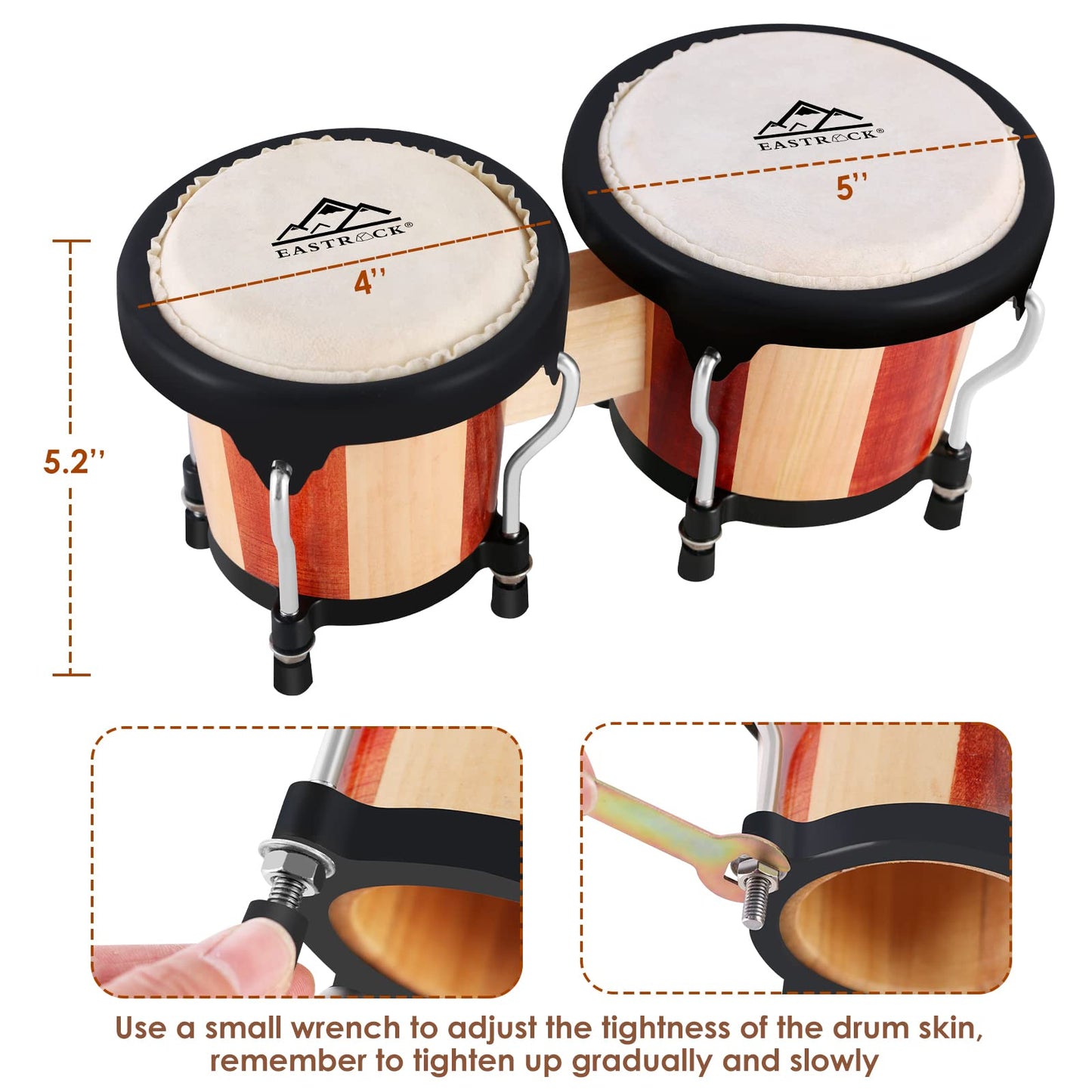 EastRock Bongo Drum 4" and 5" Bongos Drum Set, Musical Instruments for Adults Kids Beginners Professionals, Tunable Wood and Metal Drum Percussion Instruments with Tuning Wrench