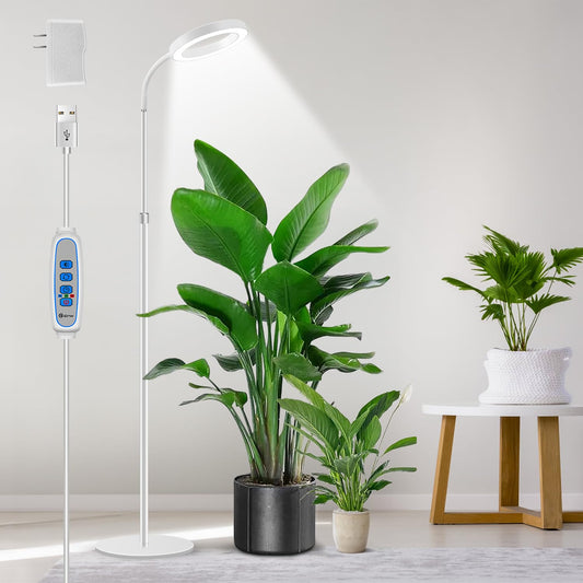 Aumtrly Floor Grow Lights for Indoor Plants, Full Spectrum Plant Light with 68" Stand for Growing Large Tall Plants, White Halo Grow Lamp with 6/12/16H Timer, 3 Light Modes, 5 Dimming