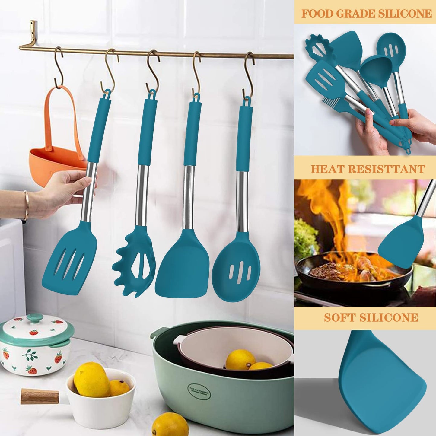 Silicone Cooking Utensil Set, Umite Chef 43 PCS Heat Resistant Kitchen Utensil Gadgets Set-Stainless Steel Handle- Kitchen Spatula Tools for Nonstick Cookware, Pots and Pans Accessories (Khaki)