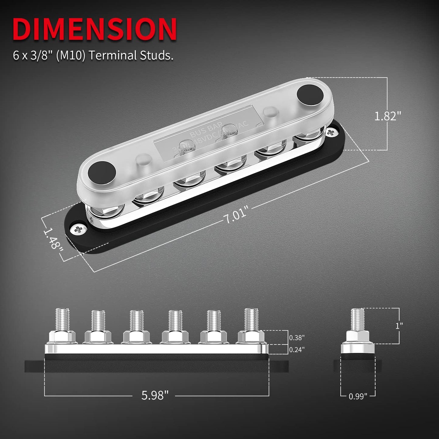 DAIERTEK 300A Bus Bar 12V Marine 12V Power Distribution Block with Cover 6 x 3/8'' (M10) Terminal Studs Max 300V AC 48V DC Positive & Ground Busbar for Automotive Car Boat (BB300-T6M10-C-BR)