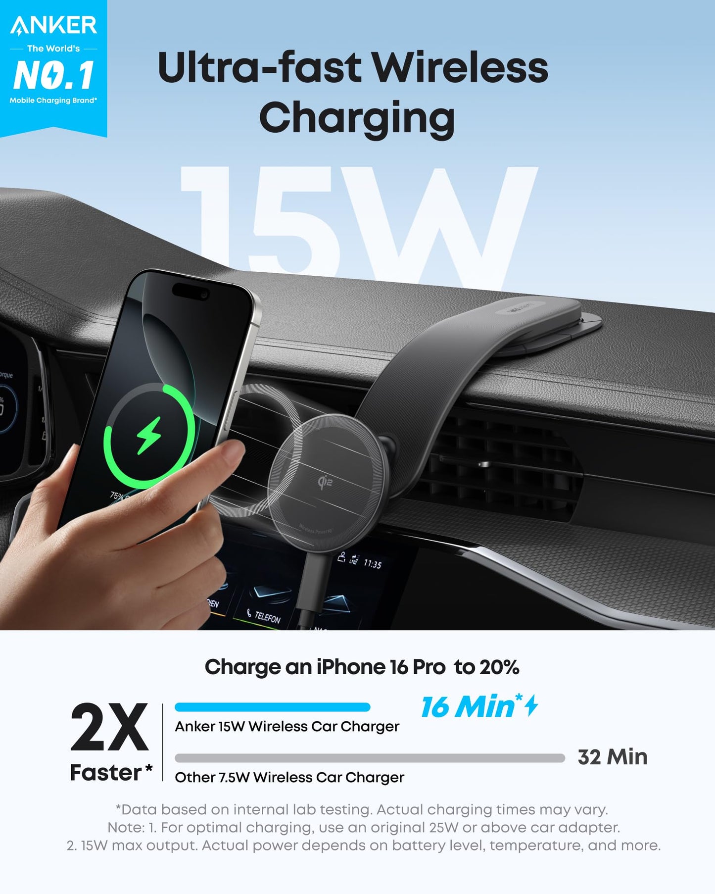 Anker MagGo Wireless Car Charger (Pad), 15W Qi2 Certified Fast Charging Car Adapter with Alloy B Strong Hold, 360° Adjustable View, Only for iPhone 16/15/14/13 Series and More