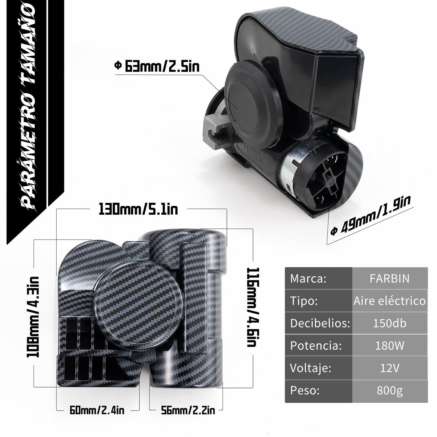 FARBIN Train Horn for Car, Motorcycle, Truck - 12V Air Horn Kit With Cover, 150DB Super Loud Sound for Motorbike, Boat, Pickup (Black Shell)