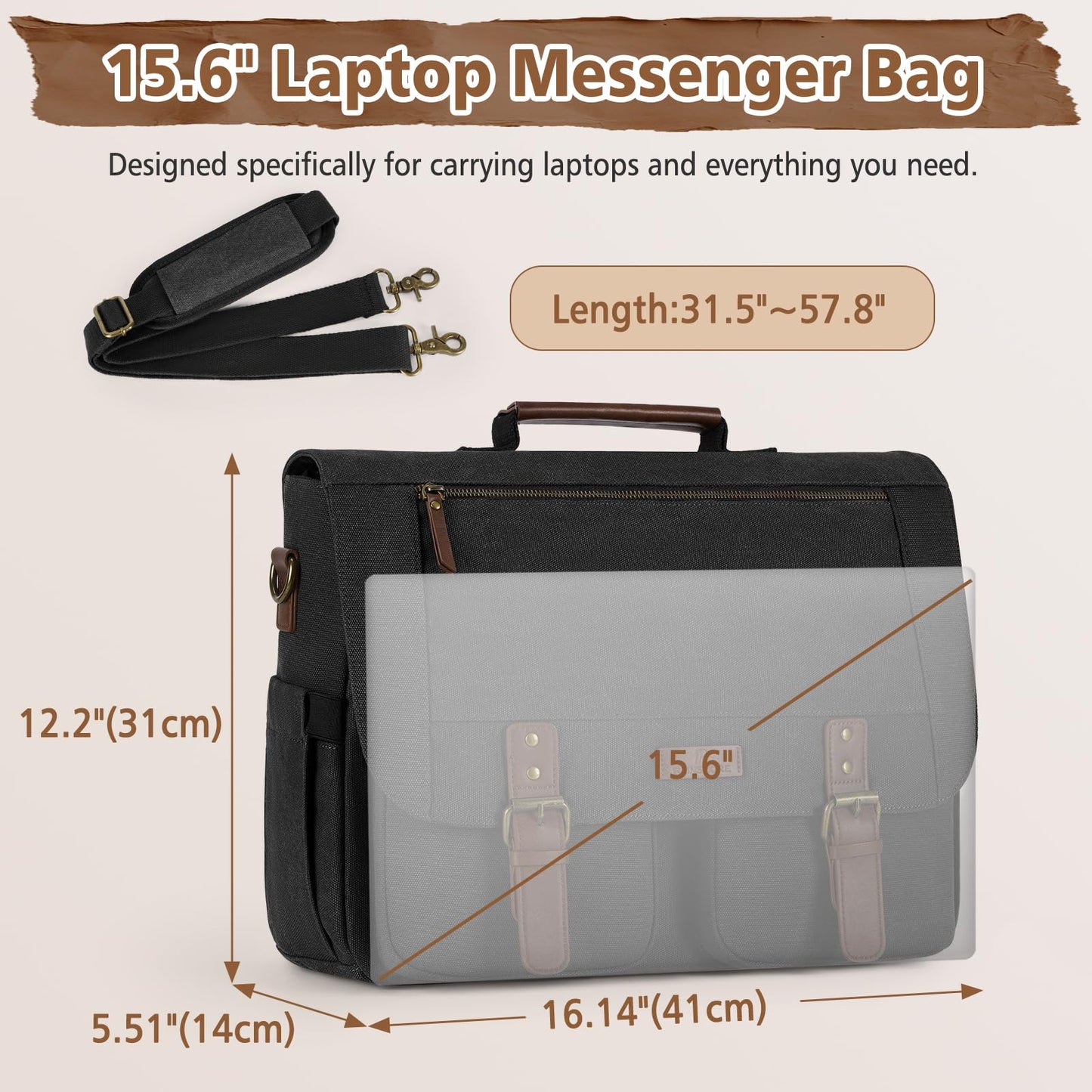 RAINSMORE Messenger Laptop Bag for Men 15.6 Inch , Canvas Briefcase Satchel Computer Shoulder Bag Men's Work Business Office Bag with Padded Compartment, Black