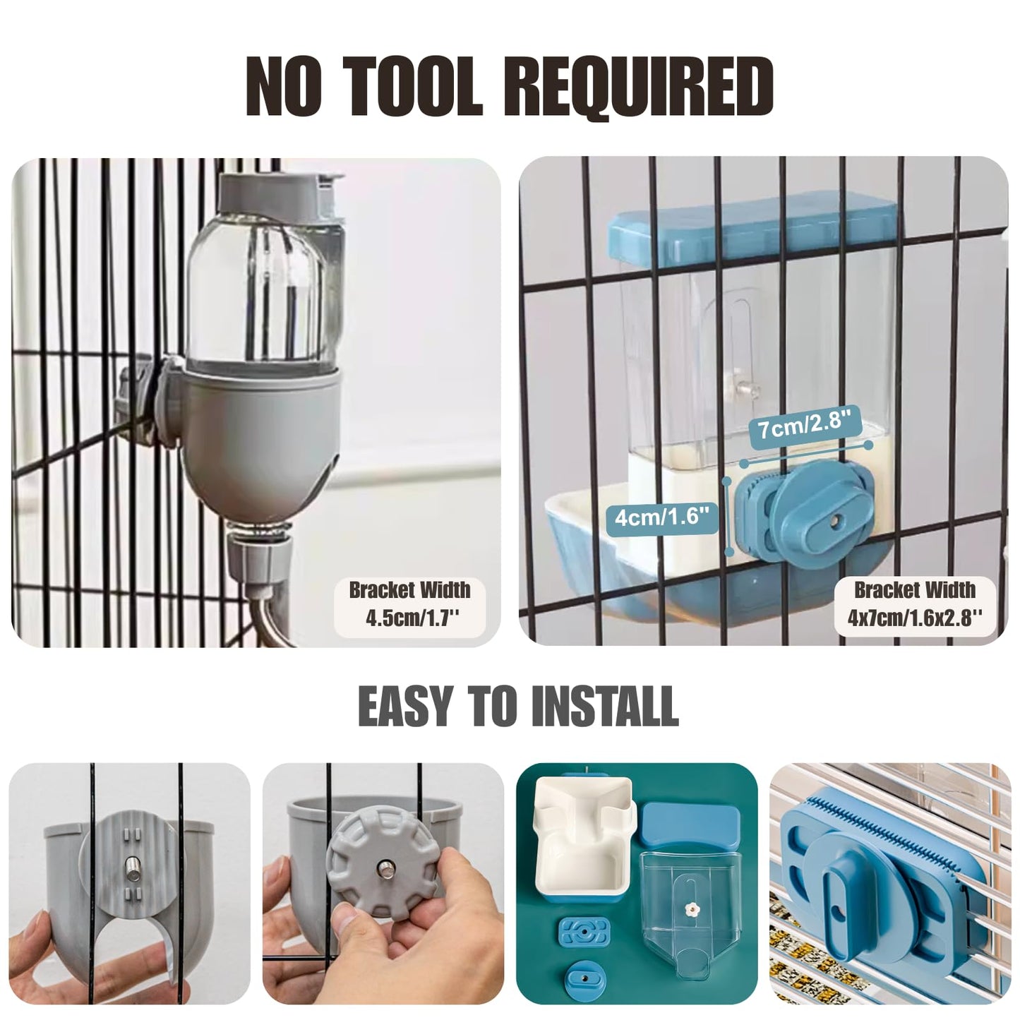 Automatic Pet Food Water Dispenser, Auto Gravity Pet Feeder Water Bottle Set for Crate, Feeding Station for Small Dog Cat Rabbit Guinea Pigs Chinchilla Ferret Hedgehog (Grey)