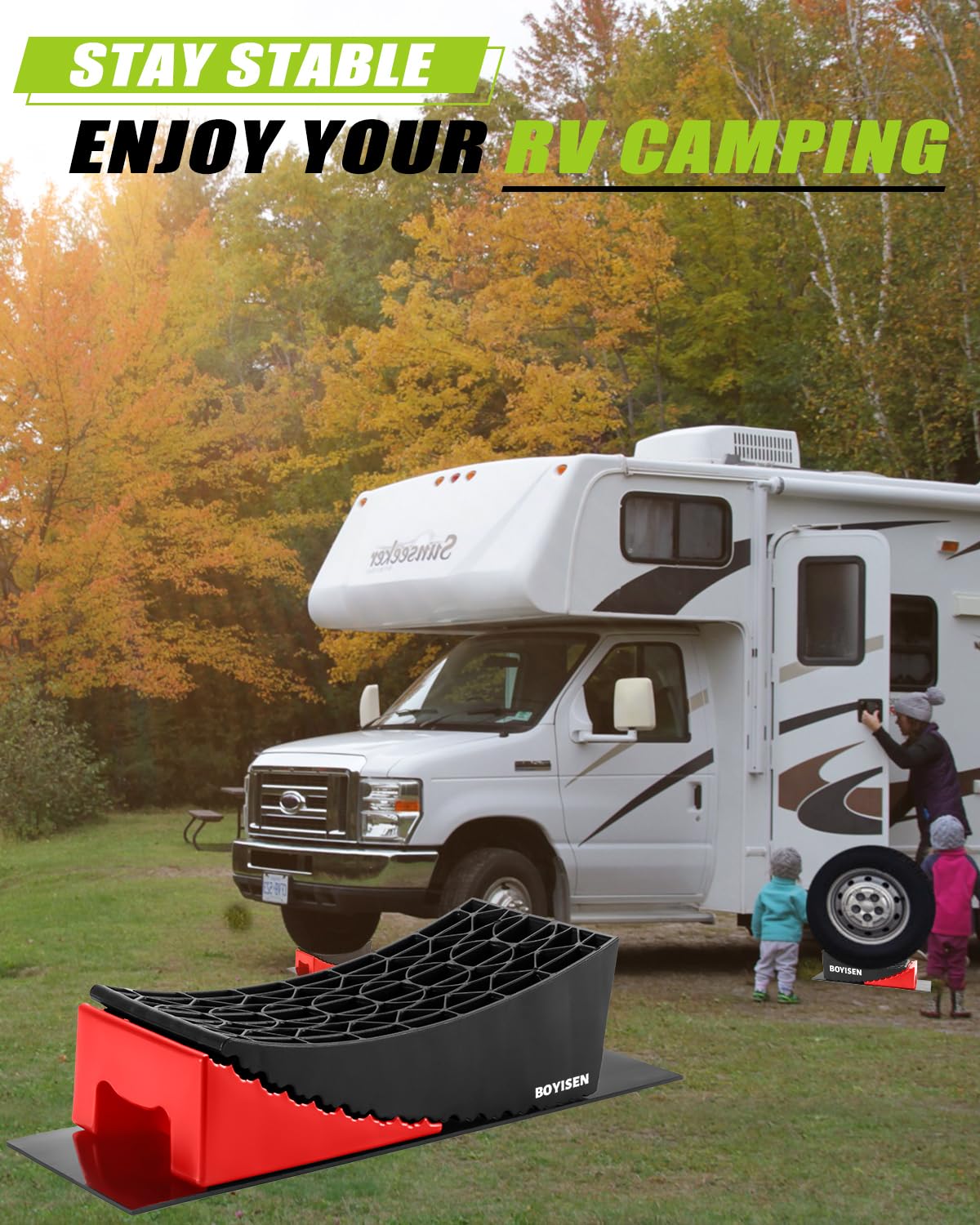 BOYISEN Camper Levelers 2 Pack - RV Leveling Blocks Ramp Kit Support Dual Axles Tandem Wheel Up to 35,000lbs RV Levelers with 2 Levelers 2 Chocks 2 Anti-Slip Mats and Carrying Bag Black