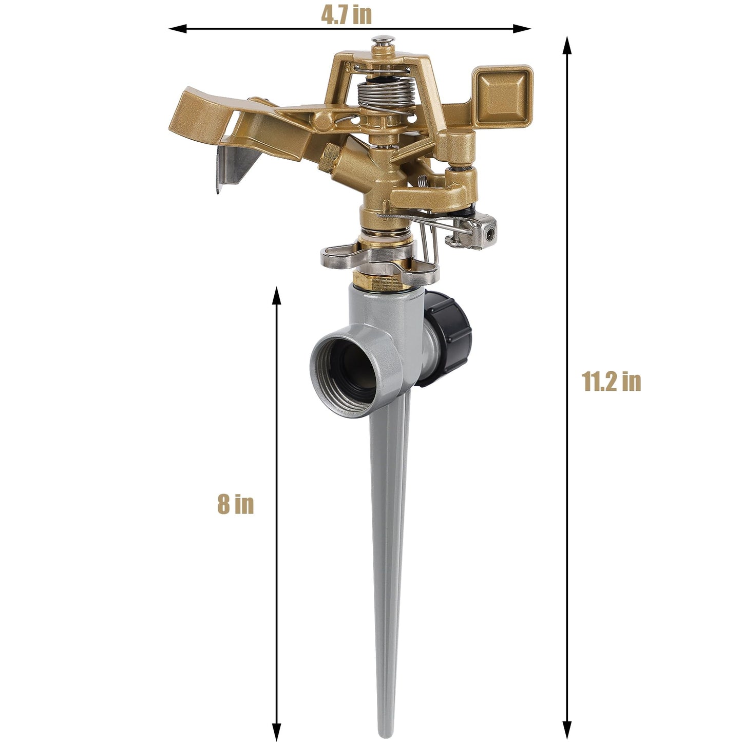Biswing 2 Pack Brass Impact Sprinklers with Stand (Spike), Heavy Duty Lawn Head on Zinc Alloy Spike Base, Adjustable Watering Sprinkler for Large Area Grass Yards Patio Garden Irrigation