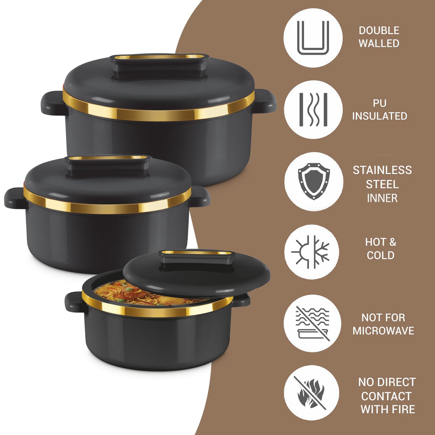 MILTON Insulated Casserole Dish with Lid 3 pc Set 2.1/1.5/1 qt. Hot Pot Food Warmer/Cooler –Thermal Soup/Salad Serving Bowl- Stainless Steel Hot Food Container–Best Gift Set for Moms –Holidays