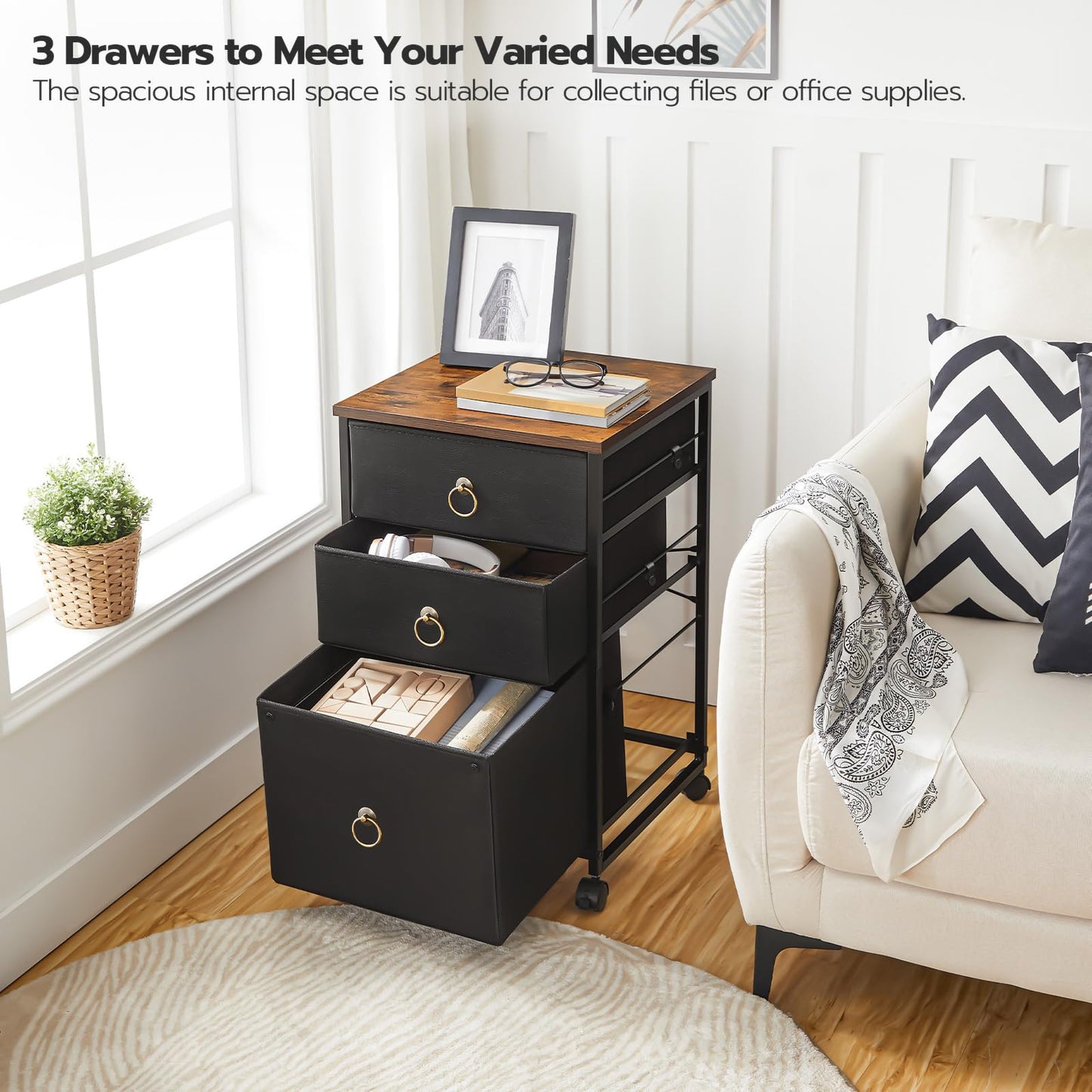 HOOBRO Mobile File Cabinet, Rolling Printer Stand with 3 Drawers, Office Cabinet, Fabric Vertical Filing Cabinet fits A4 or Letter Size for Home Office, Black and Rustic Brown BFK30WJ01