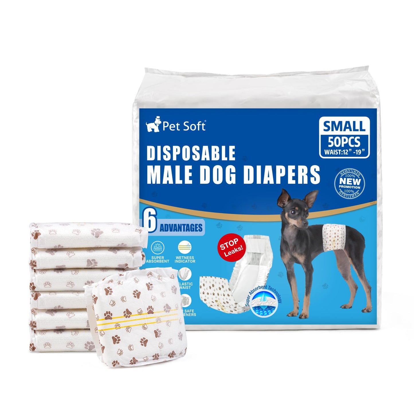 Pet Soft Dog Diapers Male - Disposable Male Dog Wraps Wetness Indicator, Ultra Absorbent Doggie Diapers Comfortable for Incontinence Excitable Urination, 50pcs Small