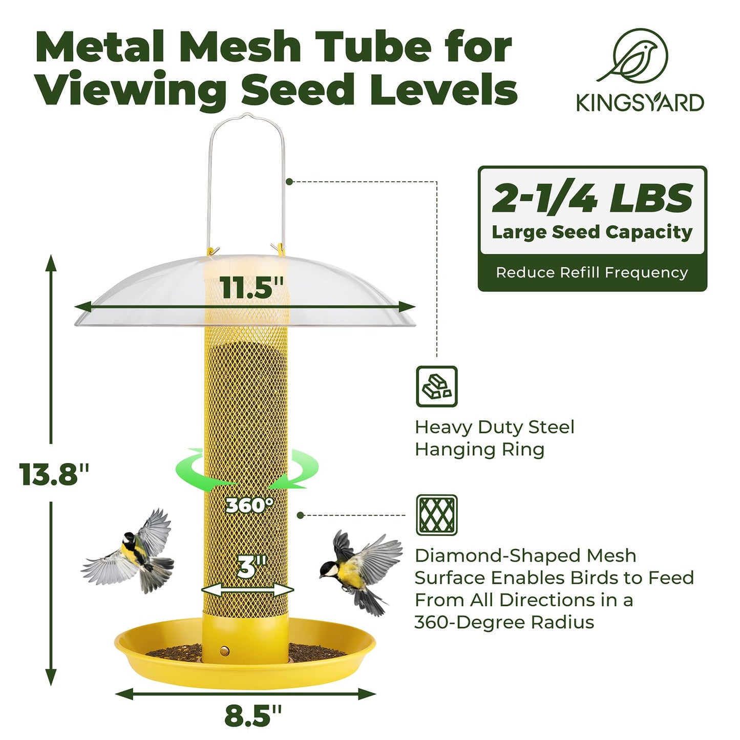 Kingsyard Thistle & Nyjer Bird Feeders for Outdoors Hanging, Metal Finch Feeder with Weatherproof Dome & Removable Tray, 14 Inch Mesh Tube, 2-1/4 lbs Seed Capacity, Great for Wild Bird (Yellow)