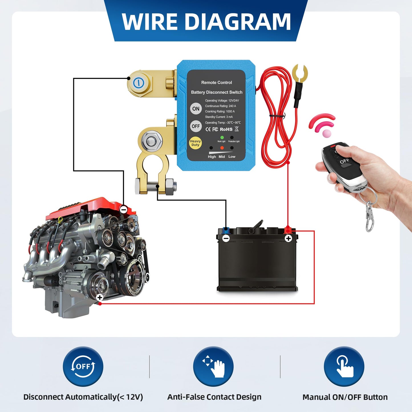 RVBOATPAT Kill Switch 12V 240A Remote Battery Disconnect Switch Automatic Power Shut Off Switch Remote Control Switch for Auto Car Truck Boat