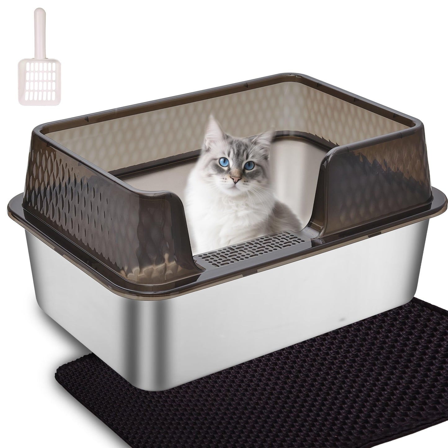 Kittenhood Enclosed High Sided Stainless Steel Litter Box with Lid Scoop and Pads for Cats, 50cm* 35cm* 25.5cm Transparent Black Easy Clean Metal Kitty Litter Box