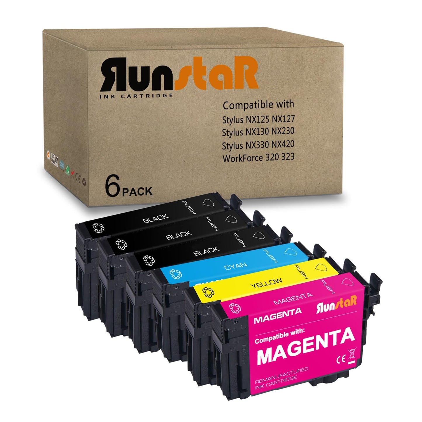 Run Star 124 Remanufactured Ink Cartridge Replacement for Epson 124 T124 Work for NX125 Stylus NX127 NX130 Stylus NX230 NX330 Stylus NX420 NX430 Workforce 320 323 325 435 Printer(3BK/C/M/Y,6 Pack)