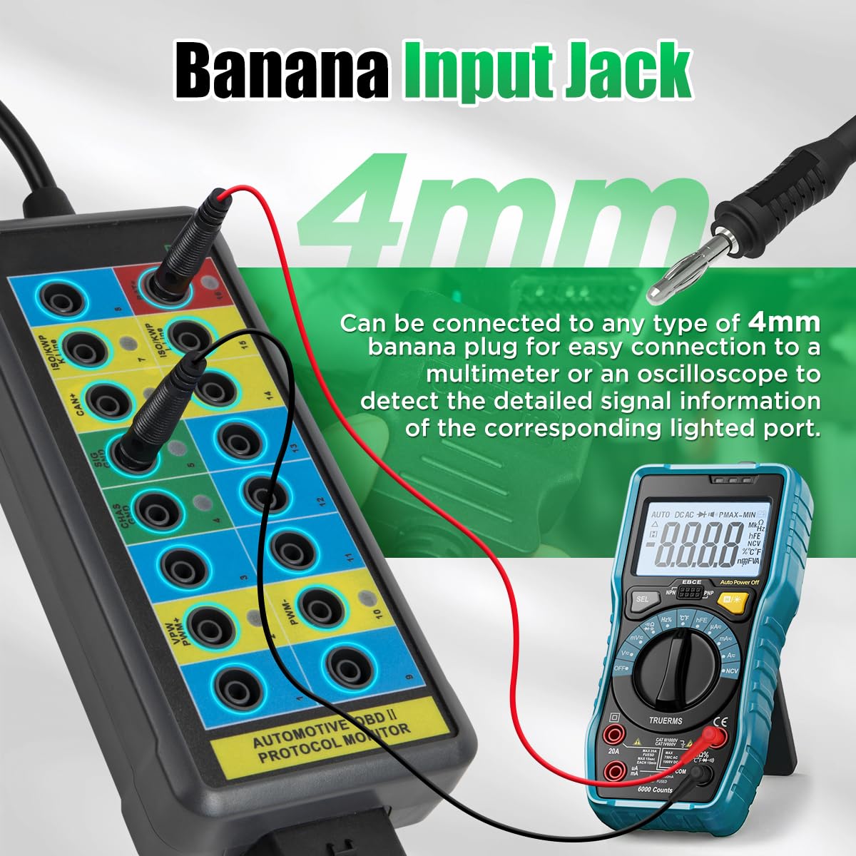 OBD2 Breakout Box Powerful OBDII Protocol Detector Communication/Power/Ground Detection Breakout Box 16-Pin CAN Breakout Box Automotive with OBD2 Scanner Connector, 4mm Banana Jack, 35-inch Cable