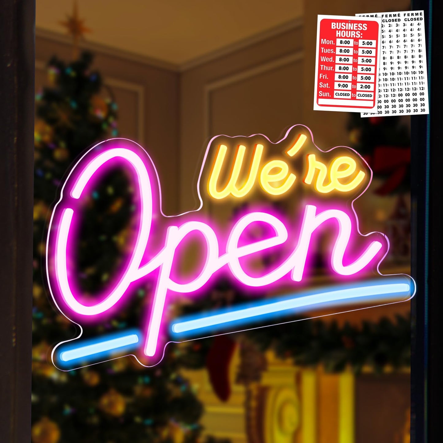 Liomus Neon Open Signs for Business, We Are OPEN Bright Neon Light Up Sign for Window Party Store Shop Bars With Business Hours Sign,16.5”x11.8” with ON/OFF Switch