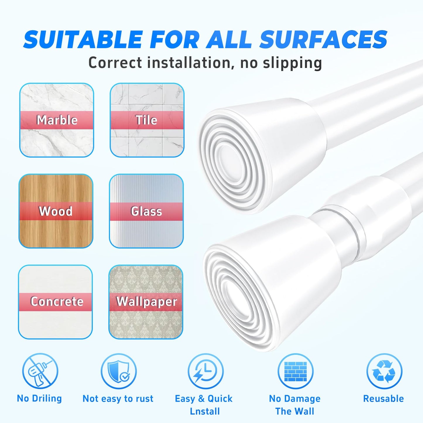 Caserry Shower Curtain Rods Pack of 2, 41-75 Inches Rust-Resistance Adjustable Spring No Drilling Tension Rods for Bathroom Kitchen Bedroom and Window, White